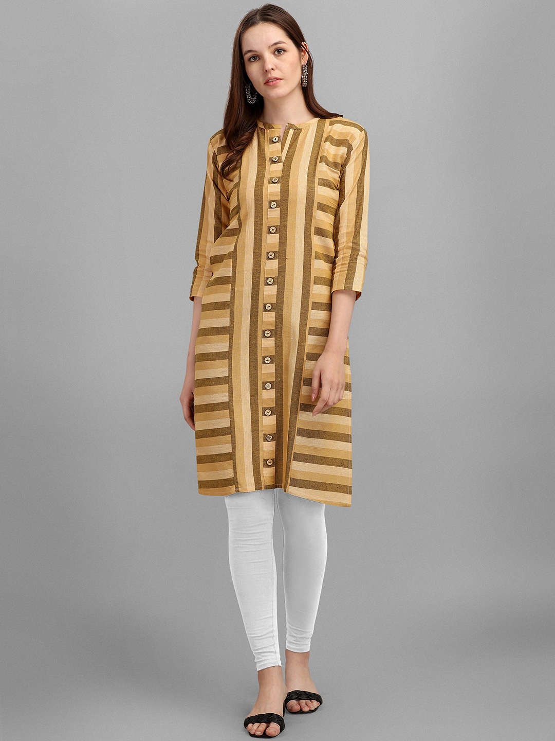 

BAESD Striped Mandarin Collar Three-Quarter Sleeves Khadi Kurta, Yellow