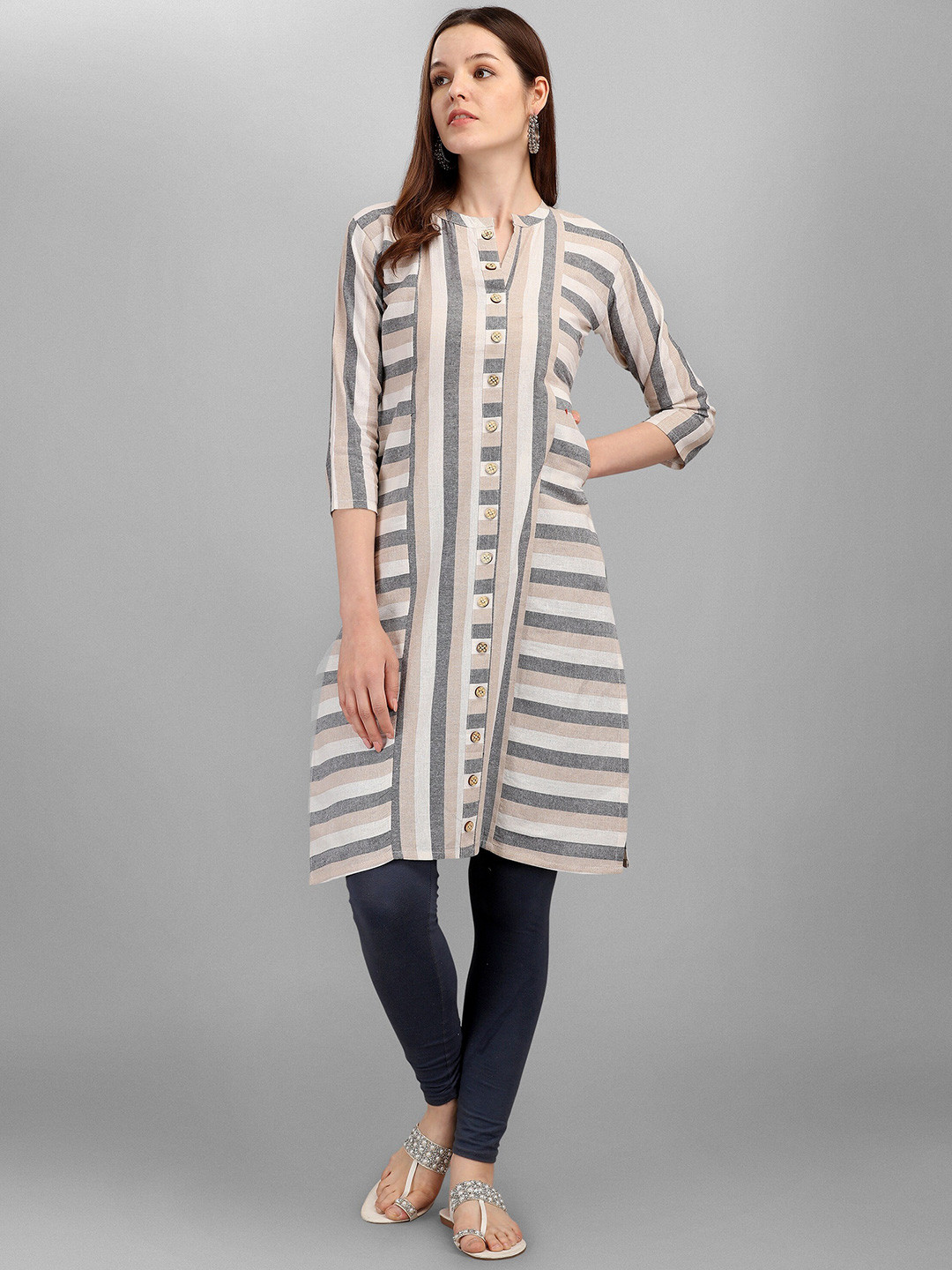 

BAESD Striped Mandarin Collar Three-Quarter Sleeves Khadi Kurta, White