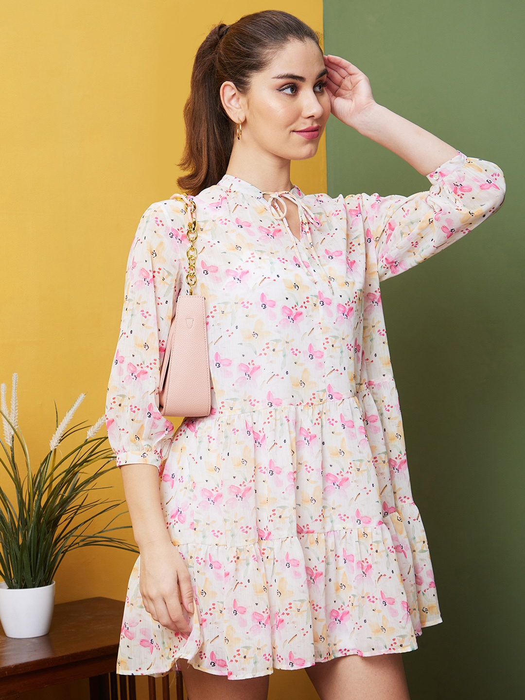 

Globus Floral Print Puff Sleeve Georgette Fit & Flare Dress, White