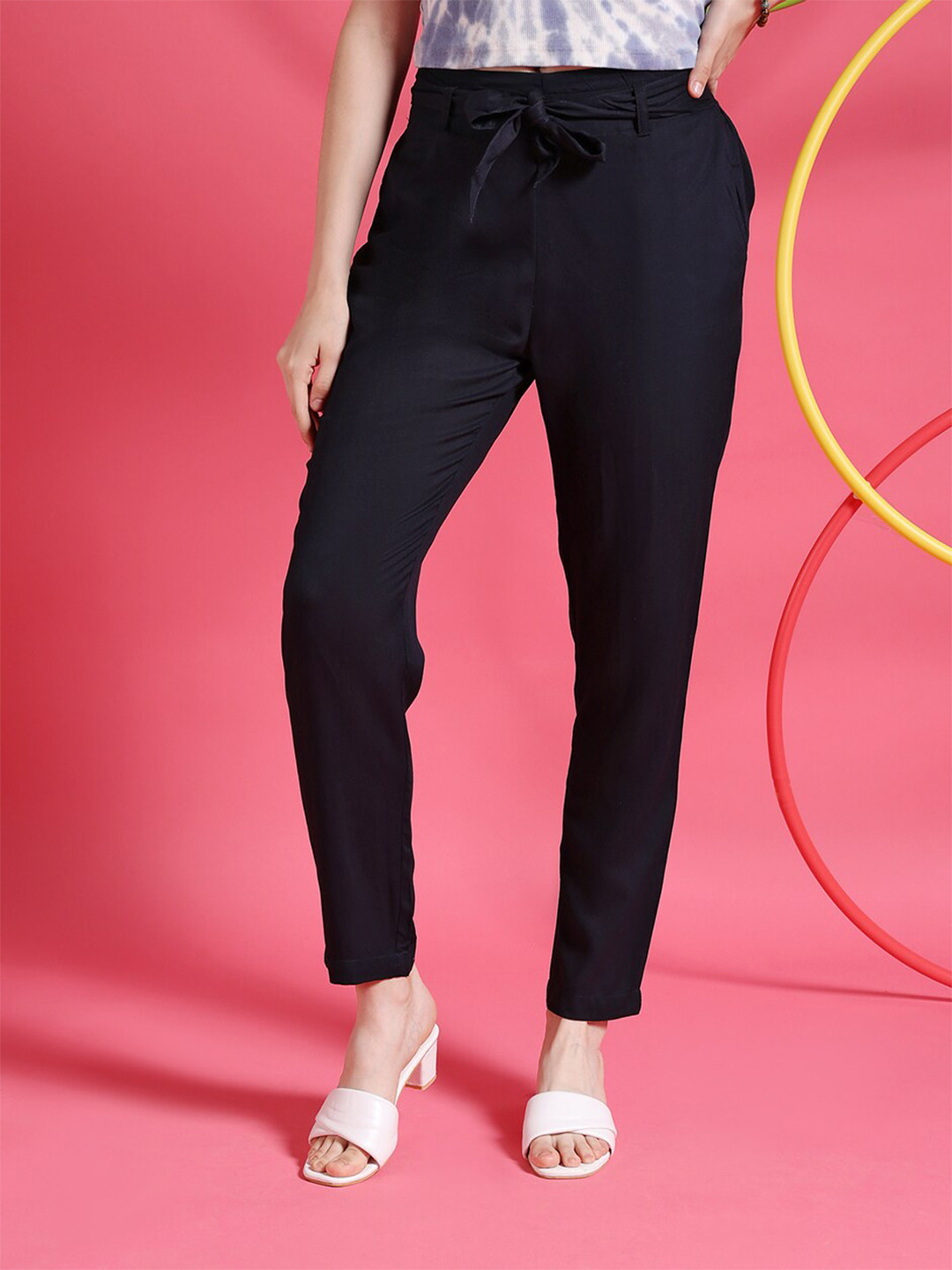 

Freehand by The Indian Garage Co Women Tapered Fit High-Rise Trousers with Belt, Navy blue