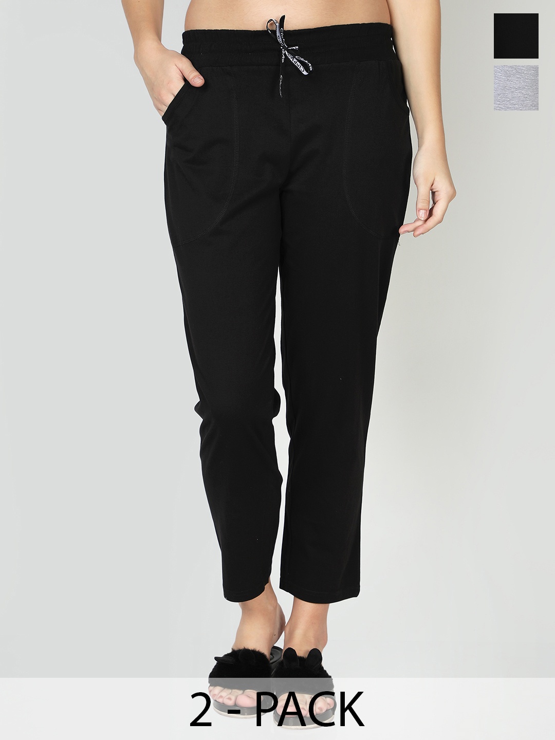 

CLUB A9 Women Pack Of 2 Mid-Rise Pure Cotton Trousers, Grey