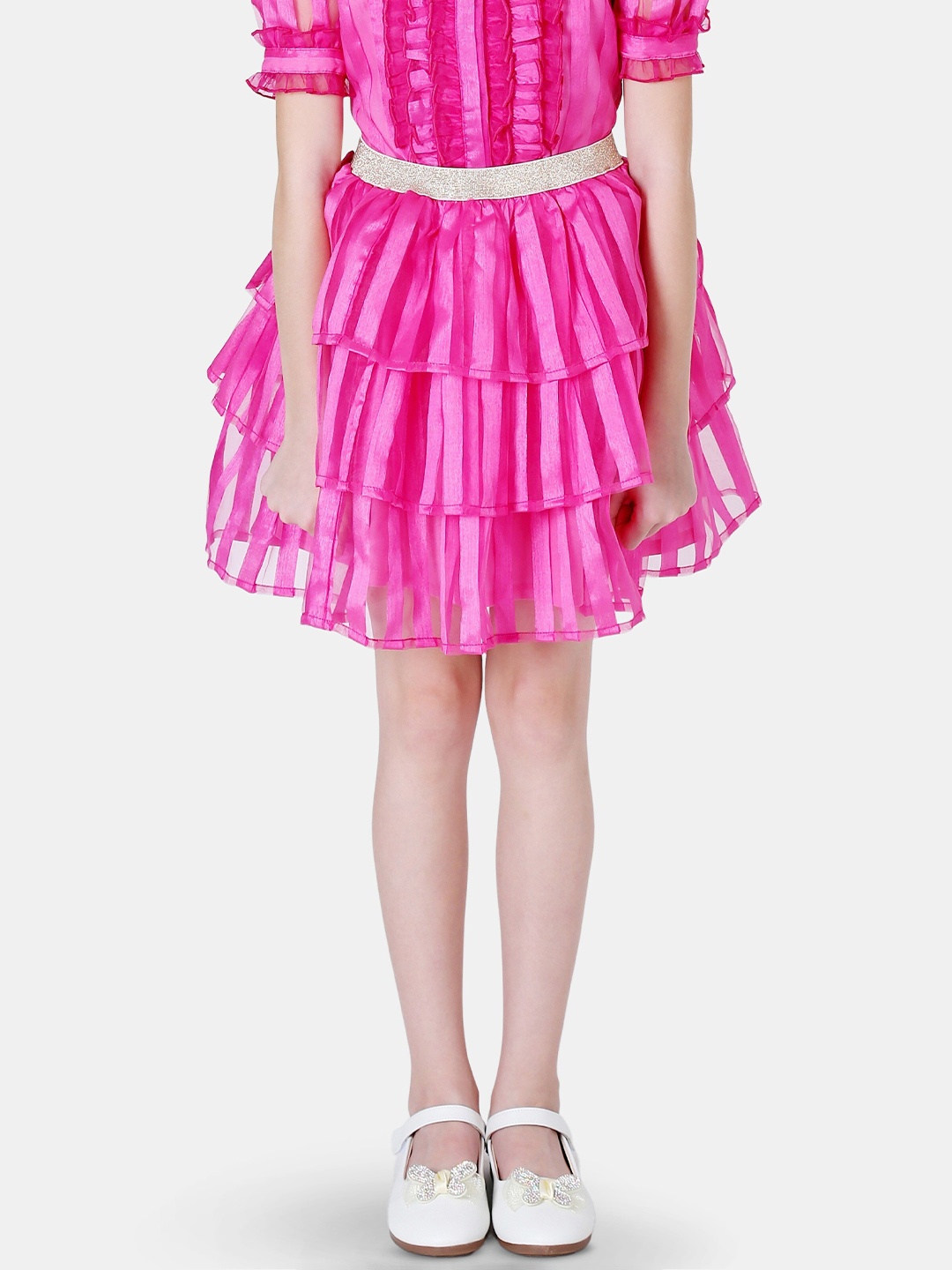 

One Friday Girls Striped Layered A-Line Flared Skirts, Pink