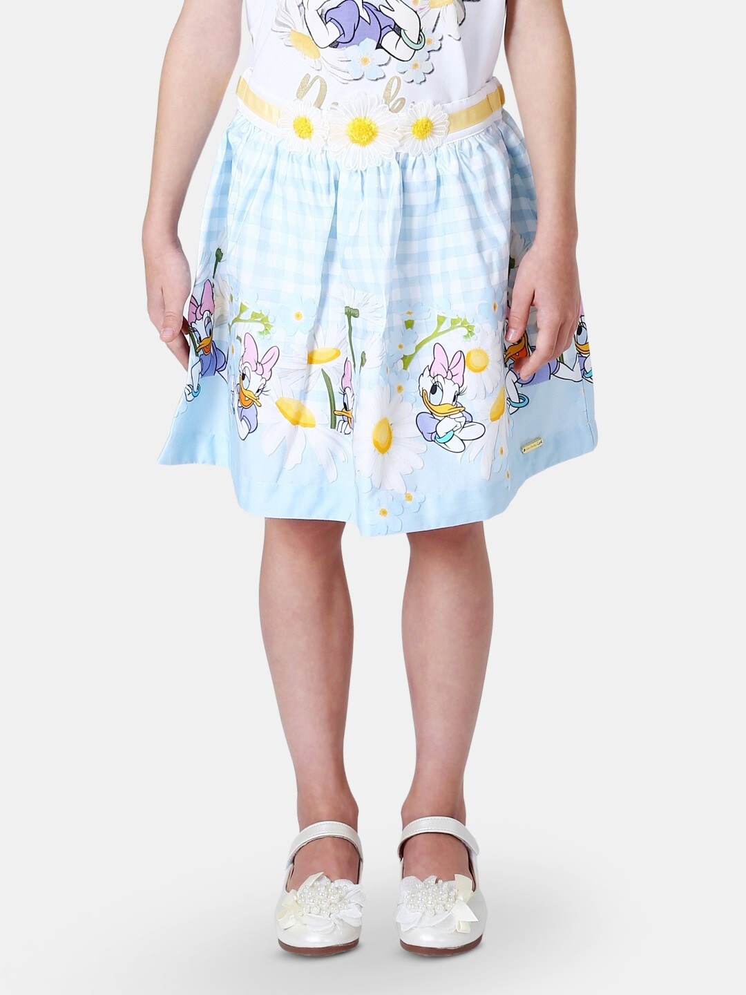 

One Friday Girls Floral Printed Gathered Detailed Pure Cotton Flared Midi Skirt, Blue