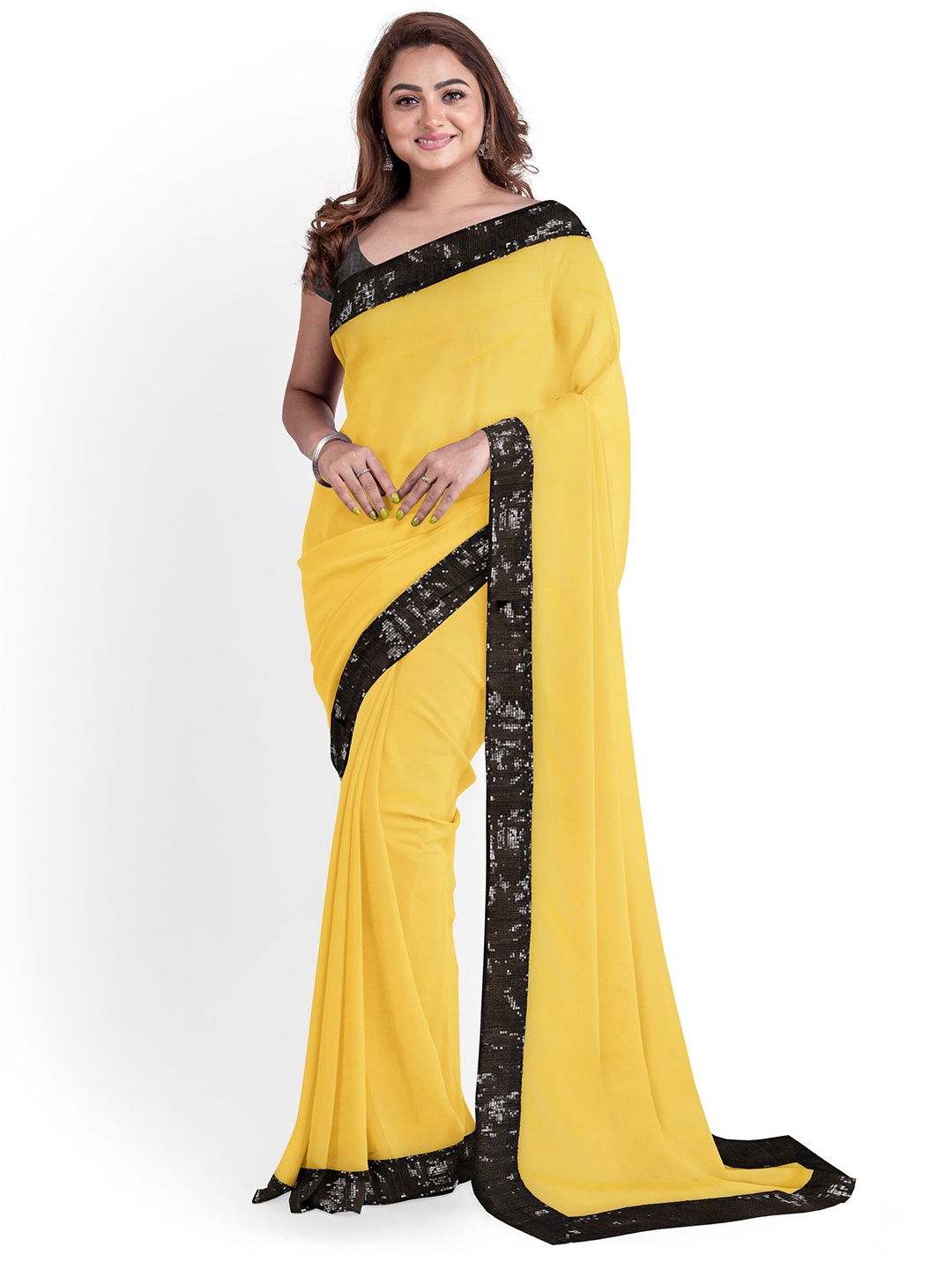 

ARPITA FASHION Woven Design Embellished Sequinned Saree, Yellow
