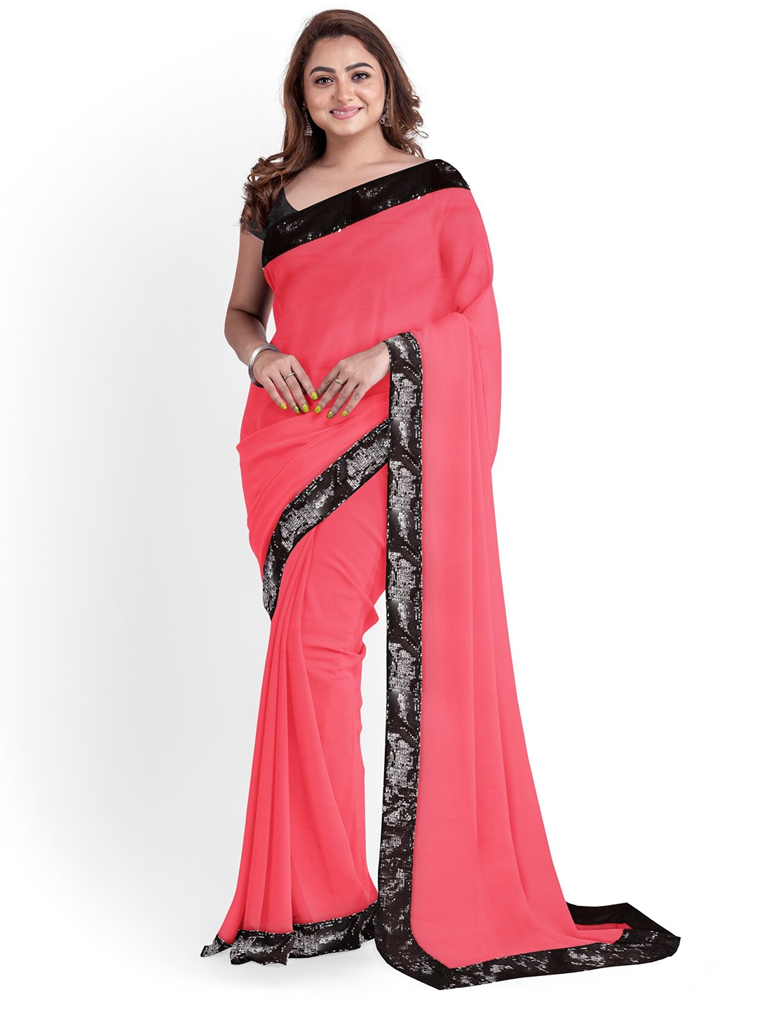 

ARPITA FASHION Woven Design Embellished Sequinned Saree, Peach