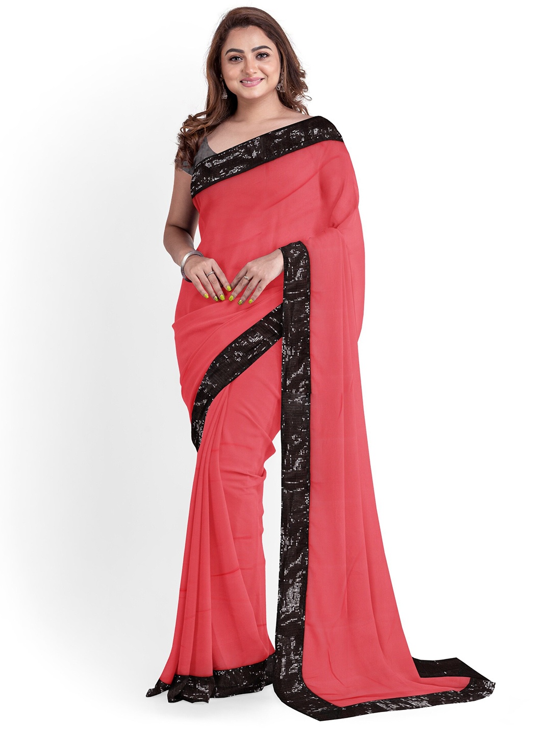 

ARPITA FASHION Woven Design Mirror Work Maheshwari Saree, Red