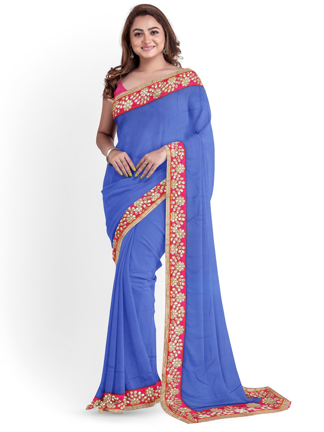 

ARPITA FASHION Woven Design Mirror Work Maheshwari Saree, Blue