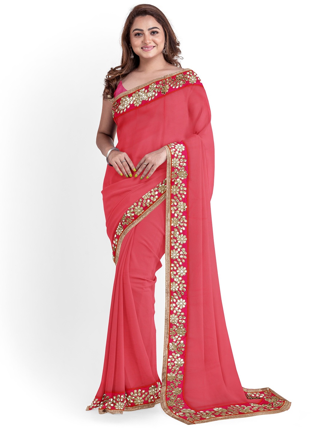 

ARPITA FASHION Woven Design Embroidered Leheriya Saree, Peach