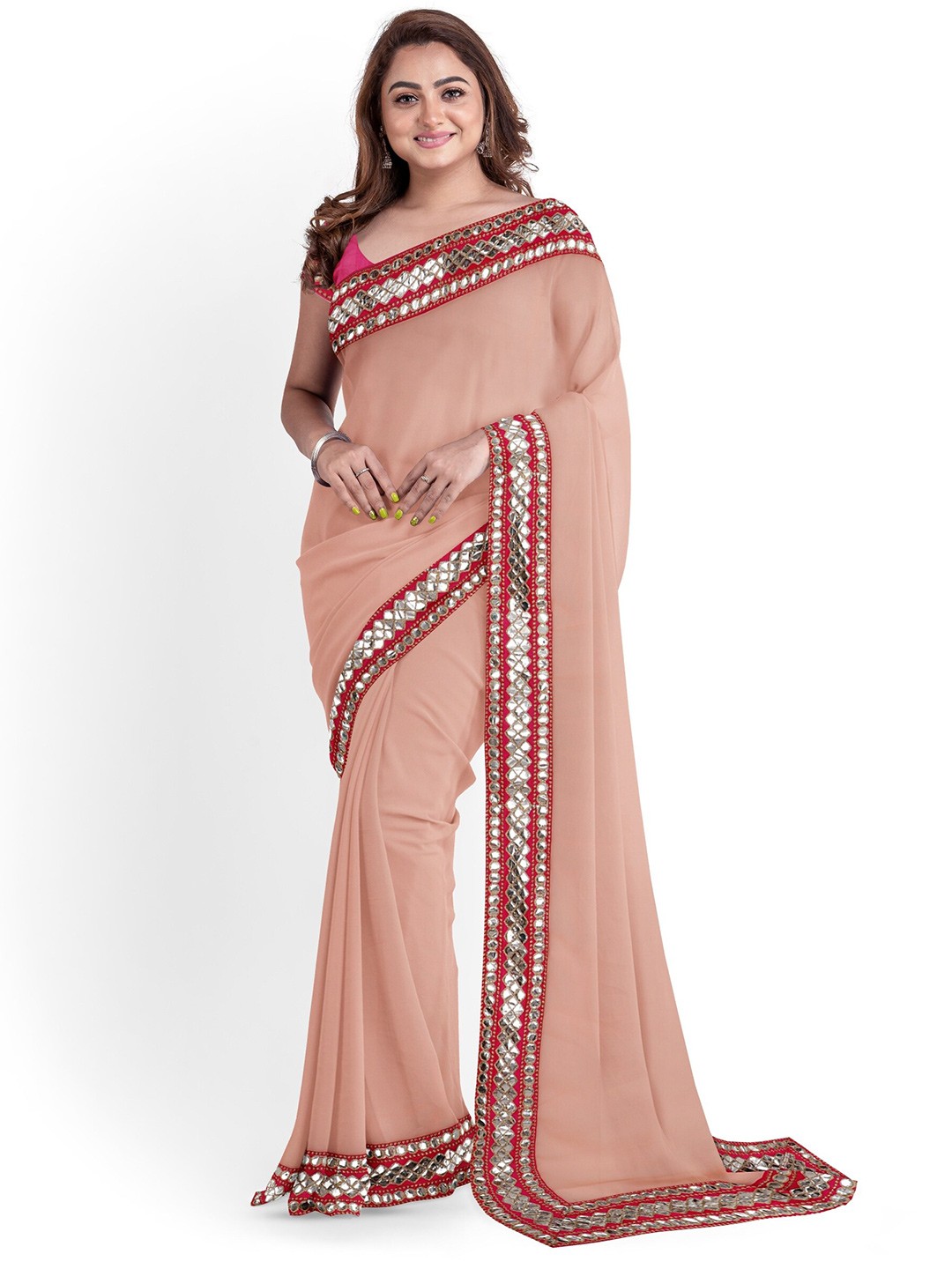 

ARPITA FASHION Woven Design Embroidered Bandhani Saree, Peach