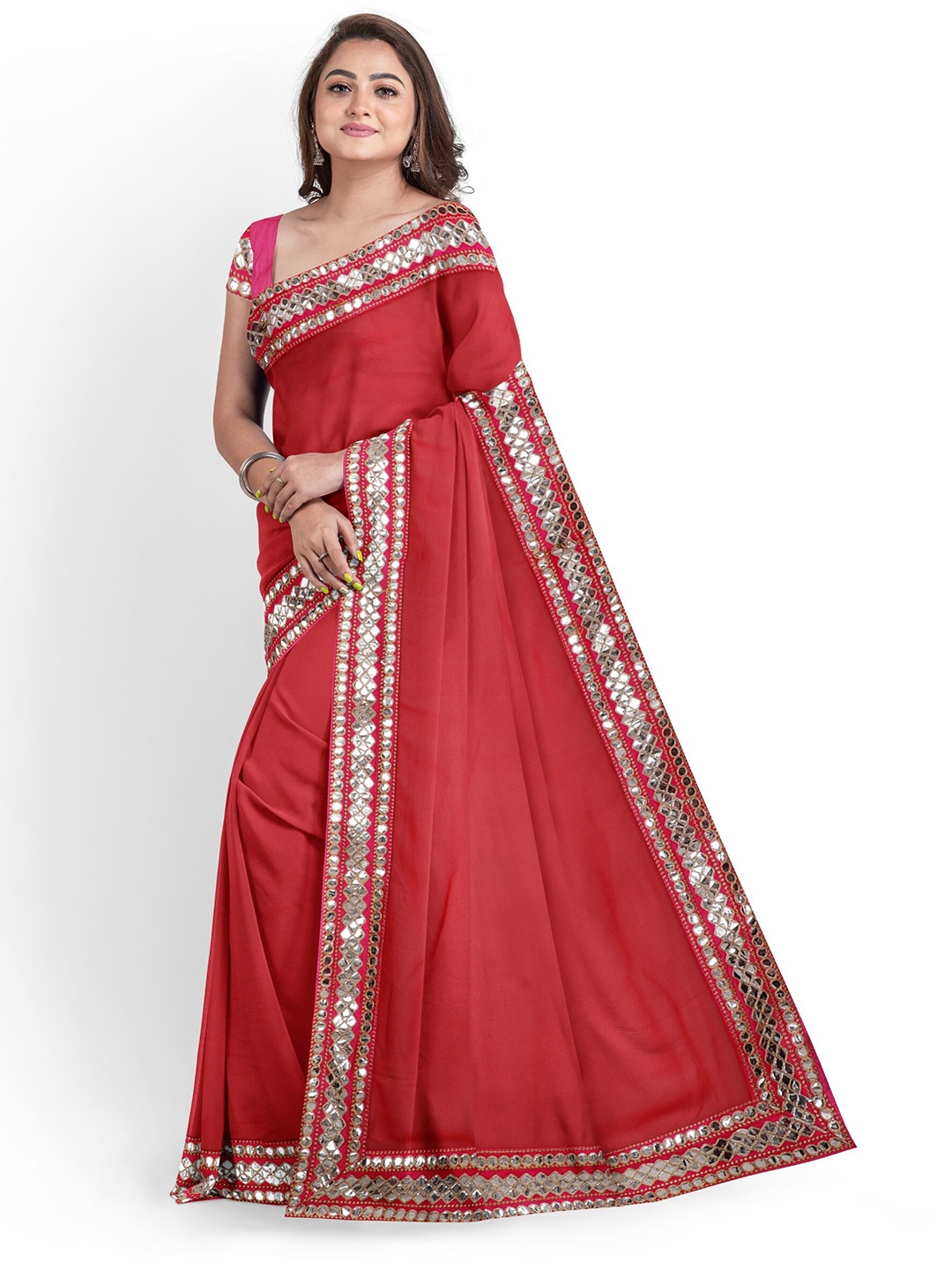 

ARPITA FASHION Woven Design Embellished Sequinned Saree, Red