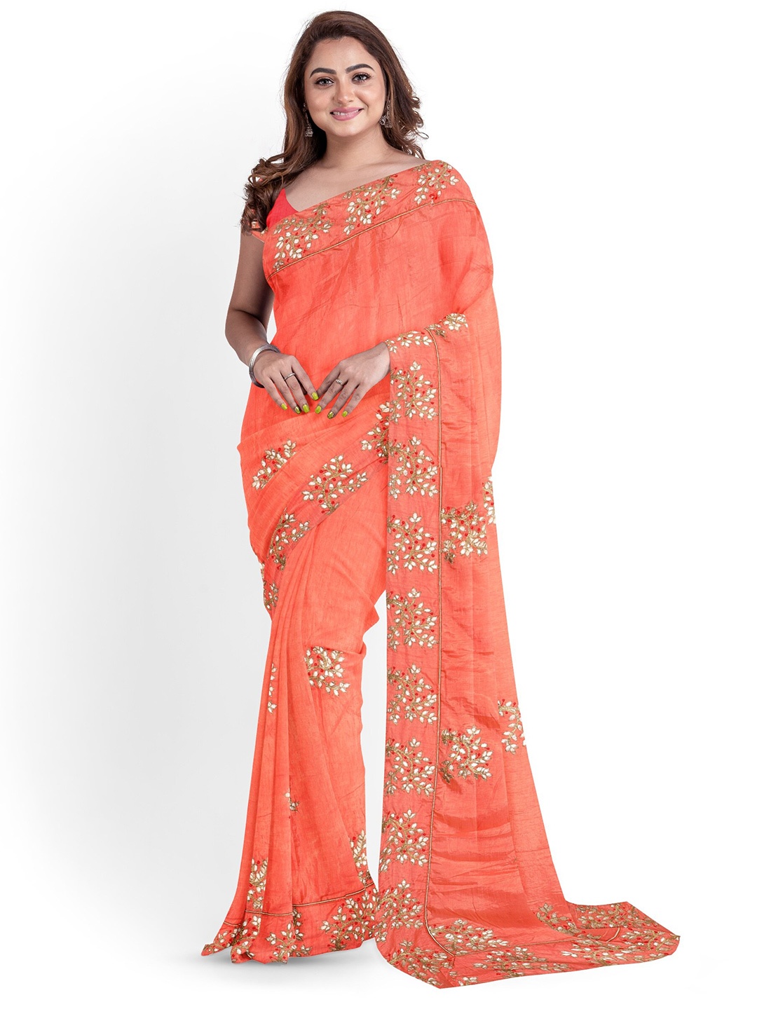 

ARPITA FASHION Woven Design Embellished Mirror Work Maheshwari Saree, Peach