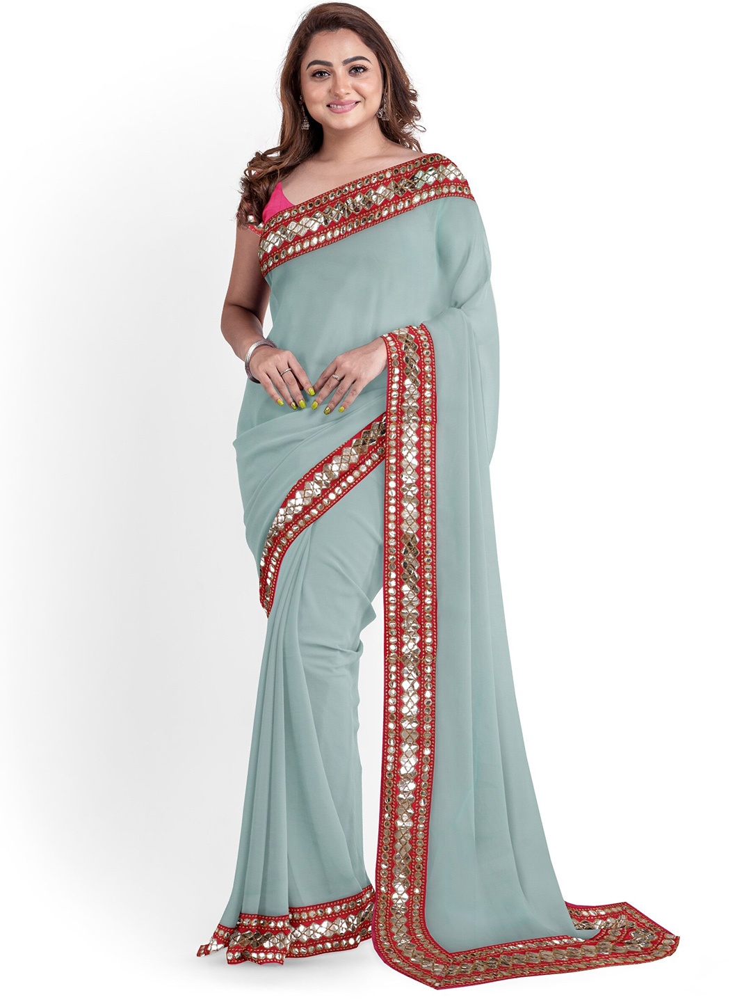 

ARPITA FASHION Woven Design Embellished Mirror Work Saree, Blue