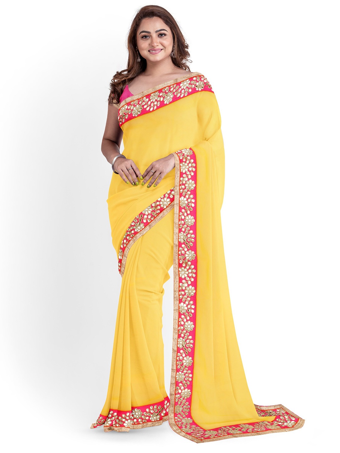 

ARPITA FASHION Woven Design Embellished Mirror Work Saree, Yellow