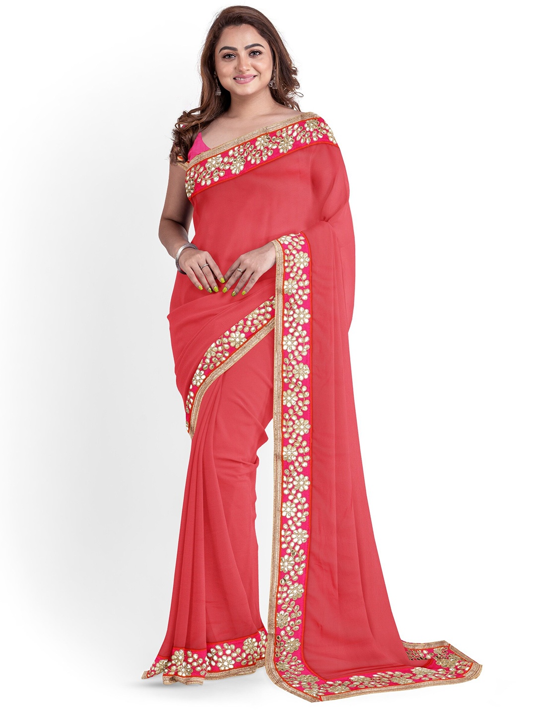 

ARPITA FASHION Woven Design Mirror Work Maheshwari Saree, Red