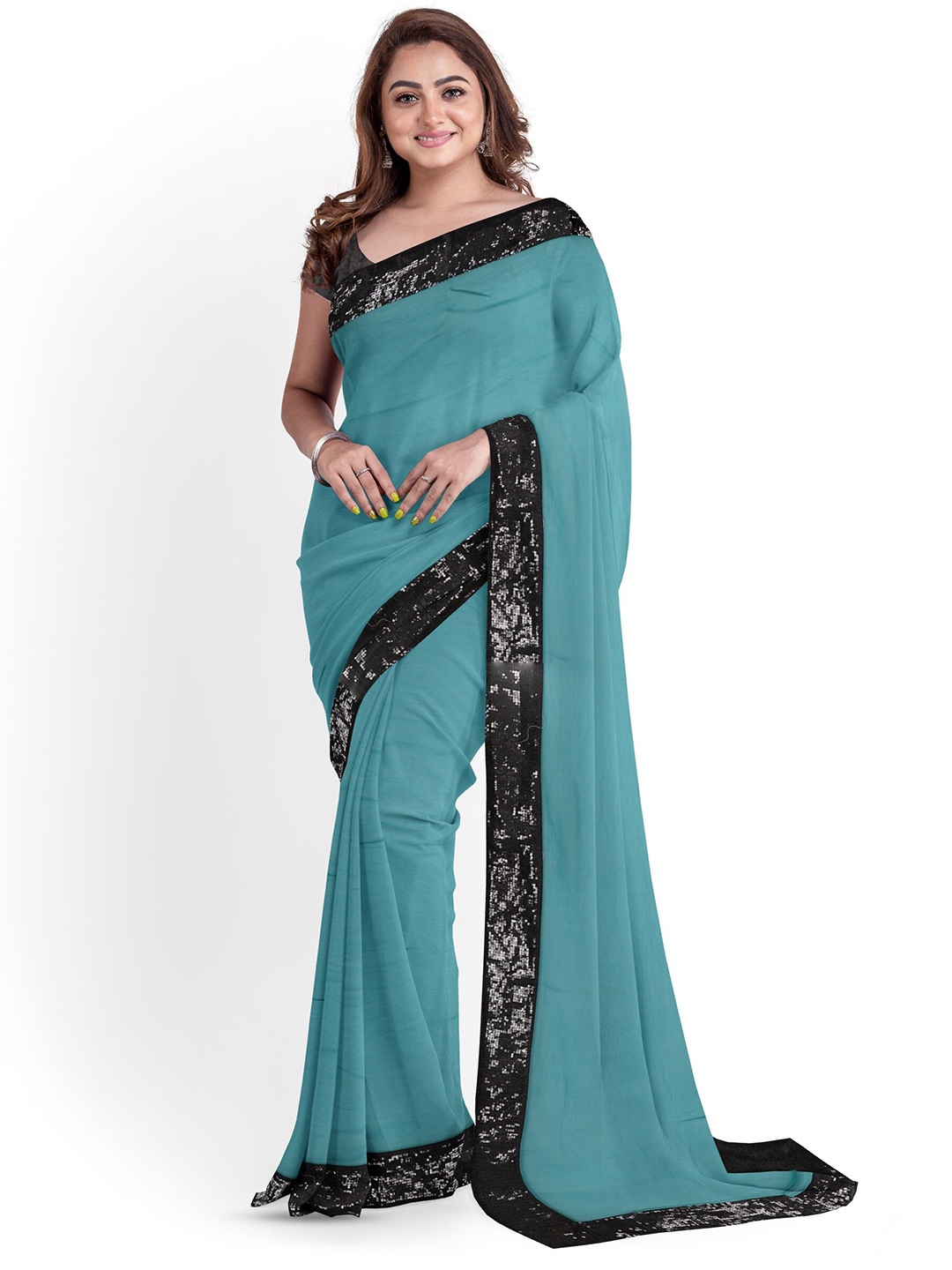 

ARPITA FASHION Woven Design Embellished Sequinned Saree, Green