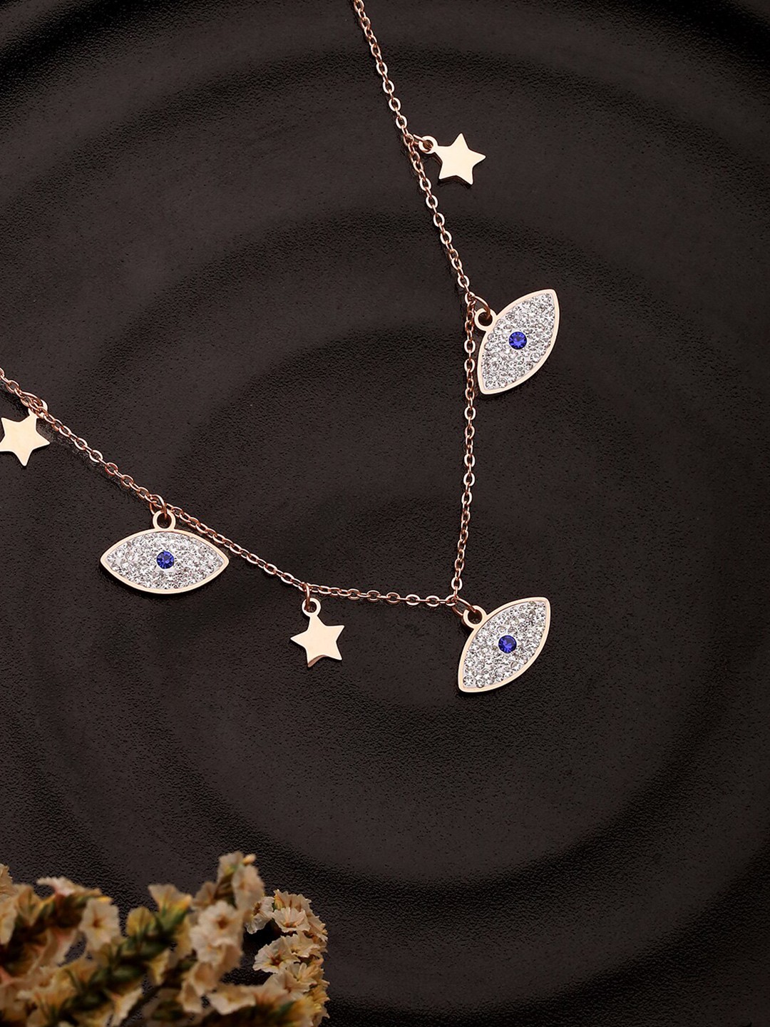

Jazz and Sizzle Rose Gold-Plated Cubic Zirconia-Studded Brass Evil Eye & Star Necklace