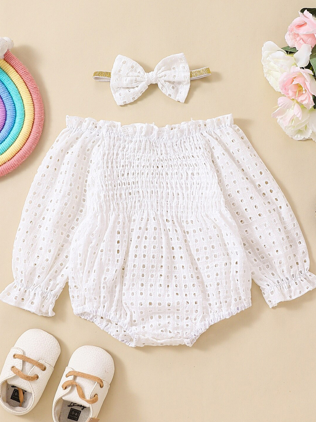 

StyleCast Girls White Self-Design Smocked Bodysuit With Hairband