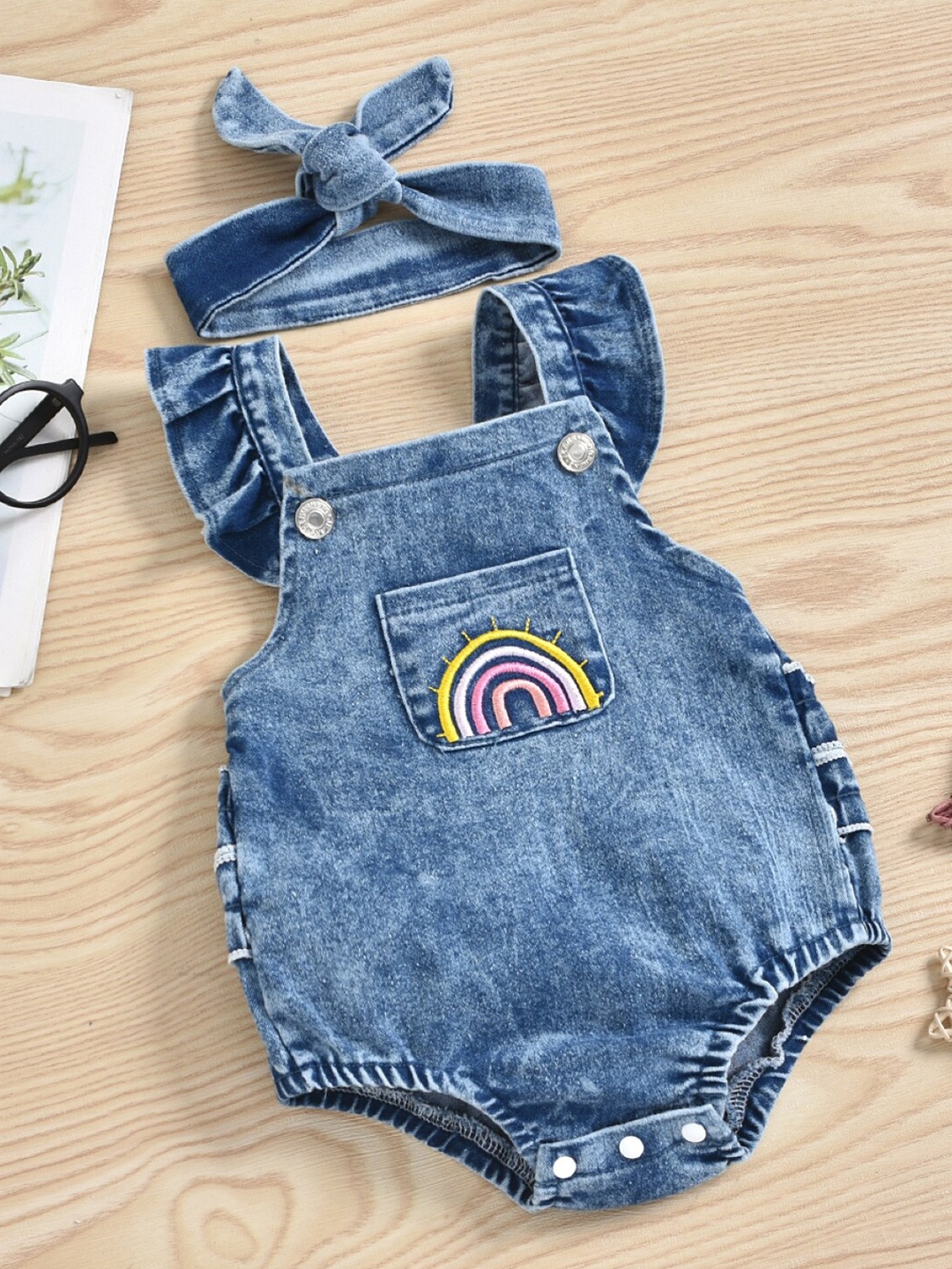 

StyleCast Girls Blue Embroidered Denim Bodysuit With Hairband