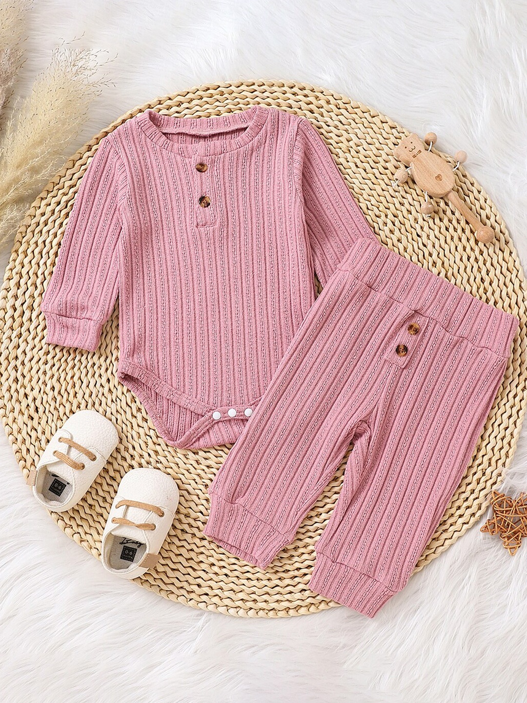 

StyleCast Striped Knitted Cotton Bodysuit With Trouser, Pink