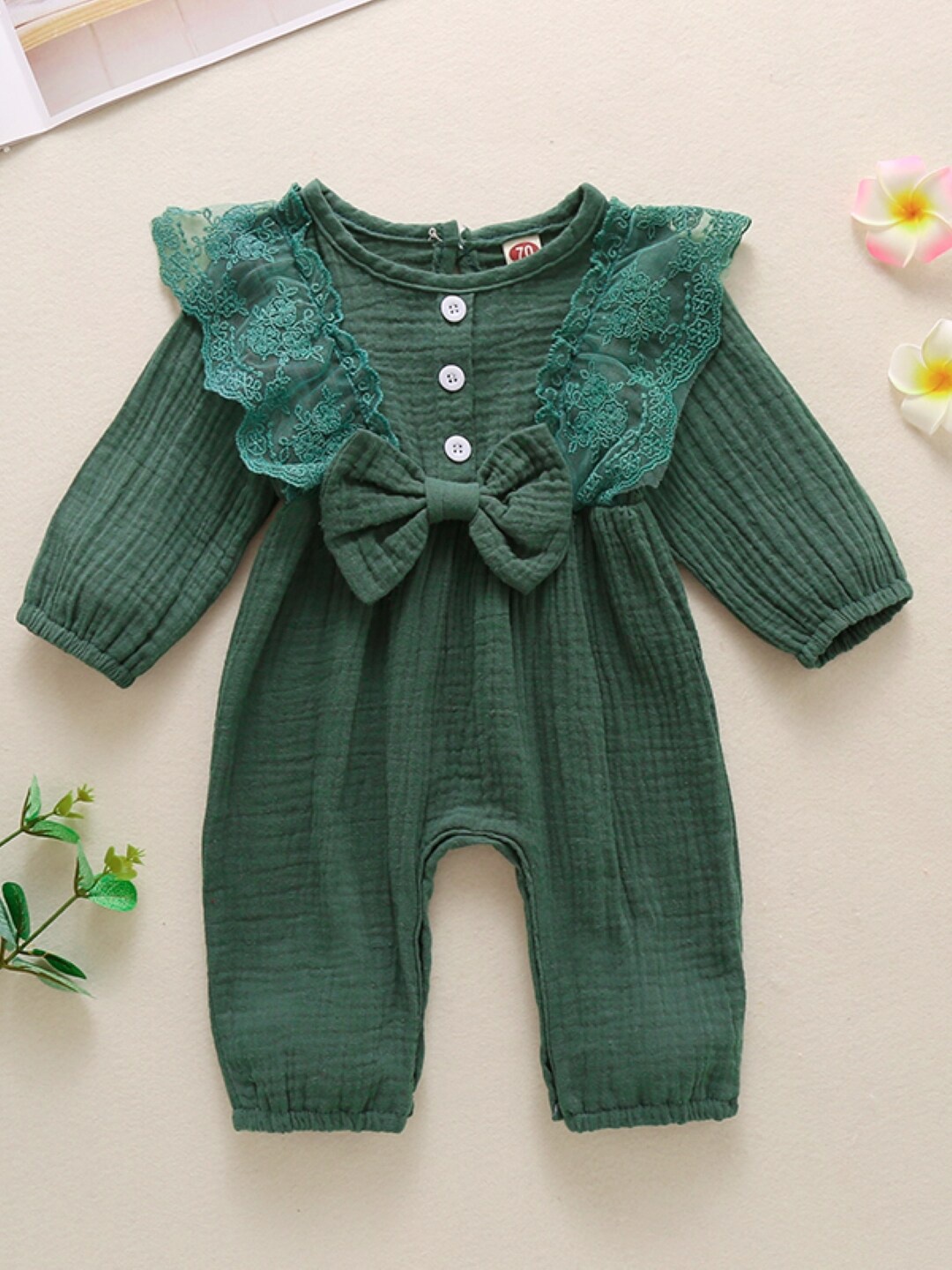 

StyleCast Infants Girls White Self Design Rompers, Green