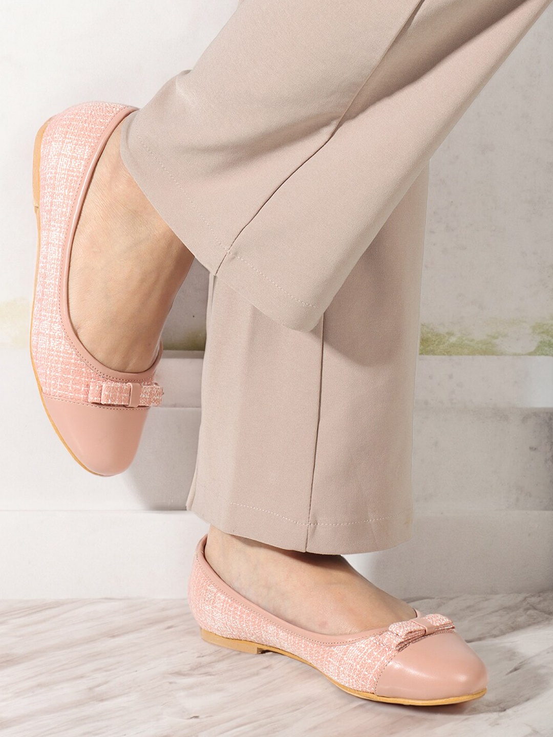 

ELLE Textured Round Toe Bows Detail Ballerinas, Pink