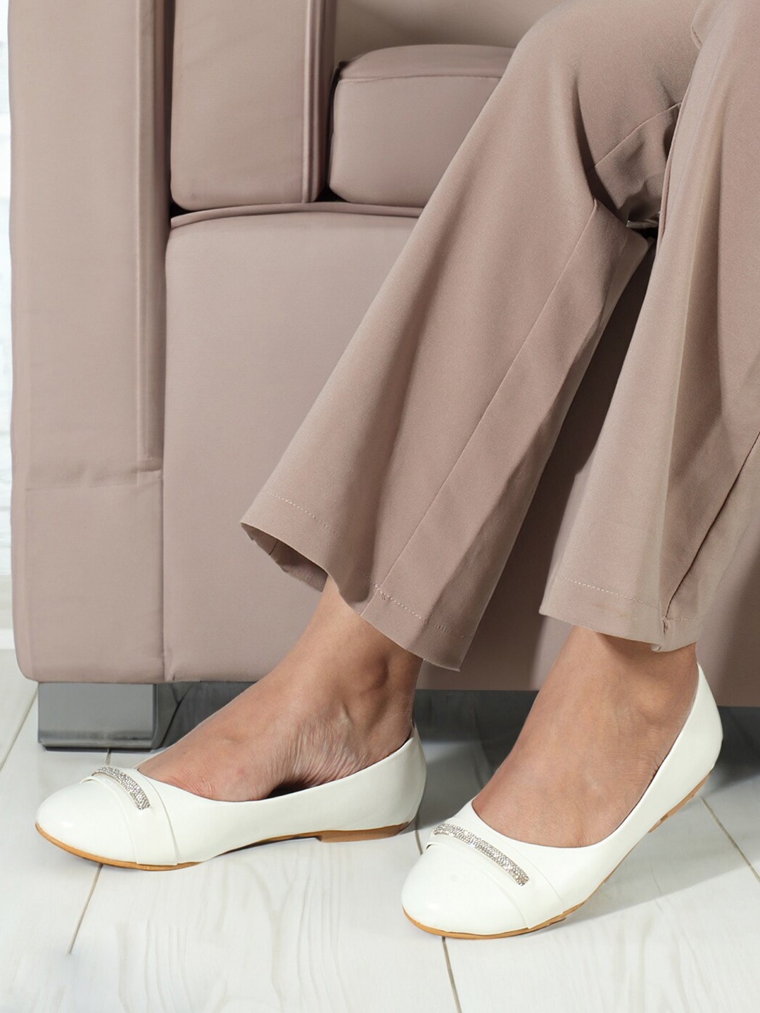 

ELLE Embellished Round Toe Slip-On Ballerinas, White
