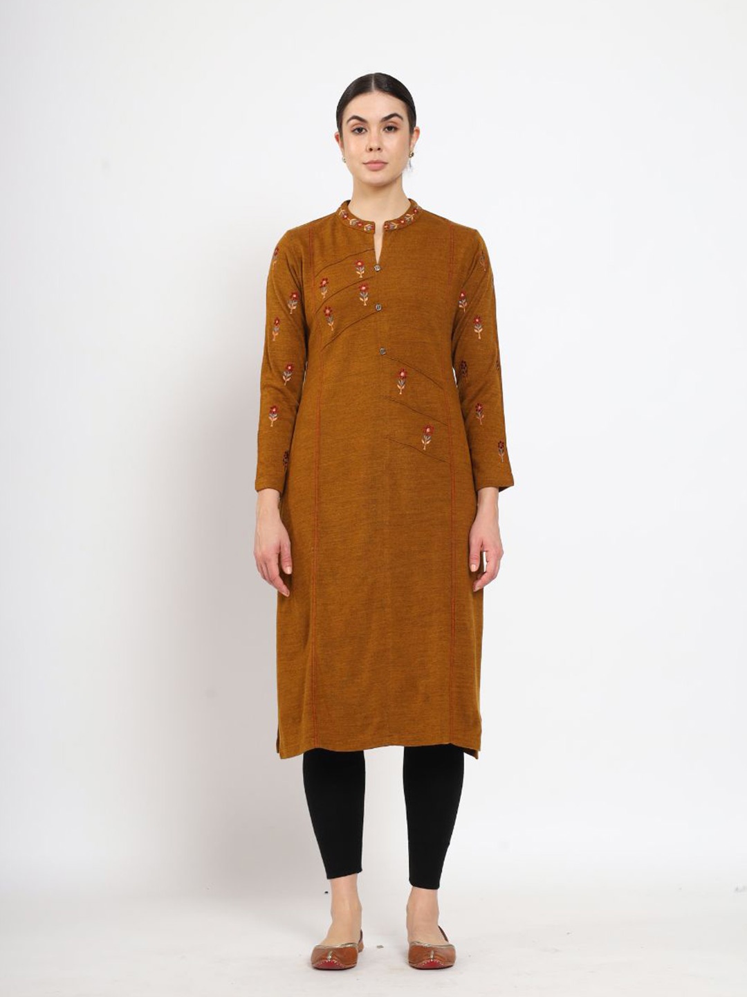 

FABNEST Floral Embroidered Neck Acrylic Kurta, Brown