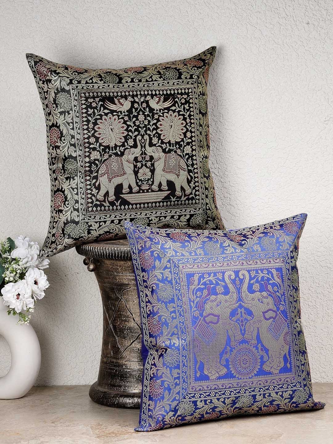 

Dhrohar Blue & Green 2 Pieces Ethnic Motifs Brocade Square Shaped Cushion Covers