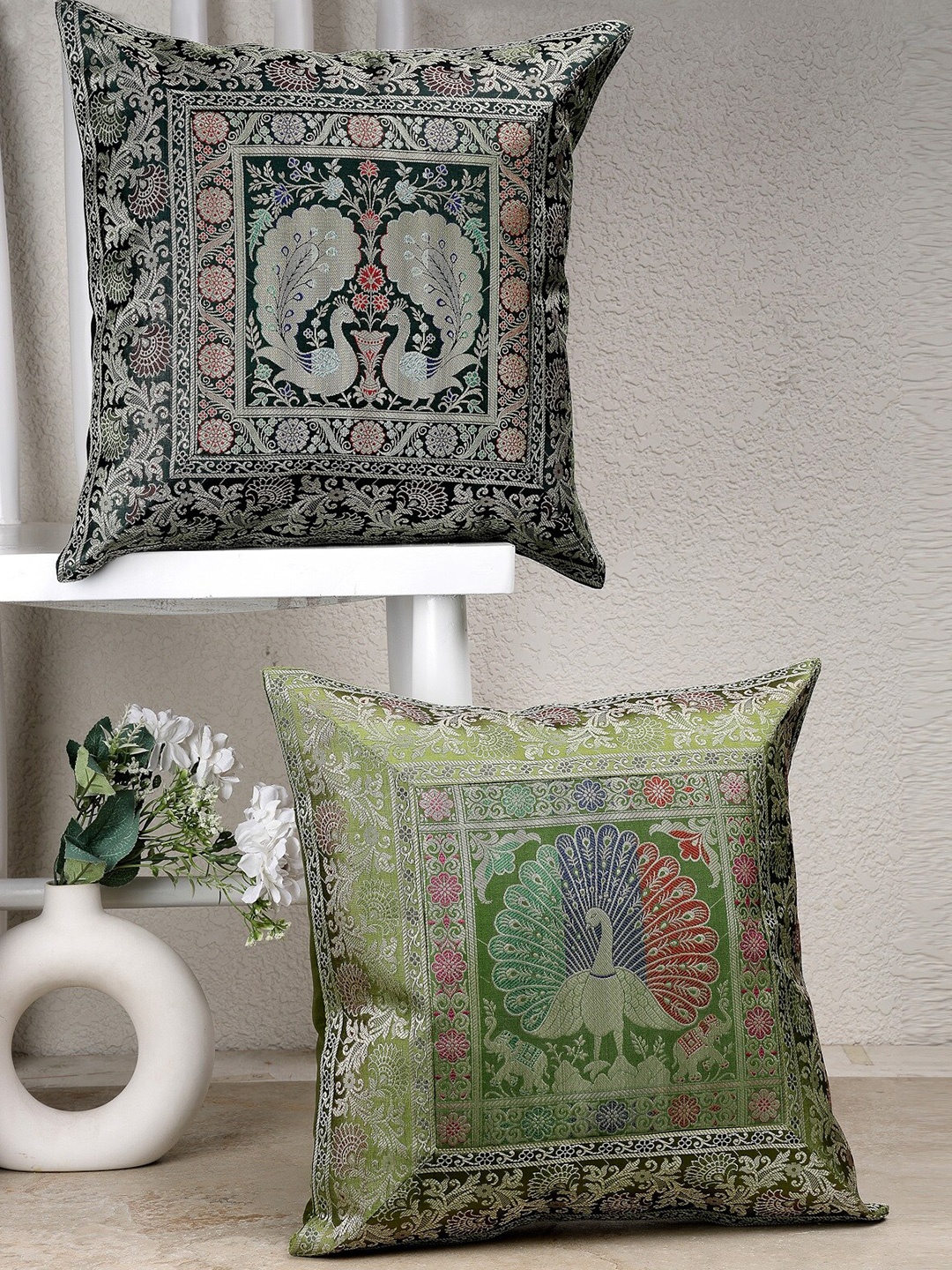 

Dhrohar Blue & Green 2 Pieces Ethnic Motifs Brocade Square Shaped Cushion Covers