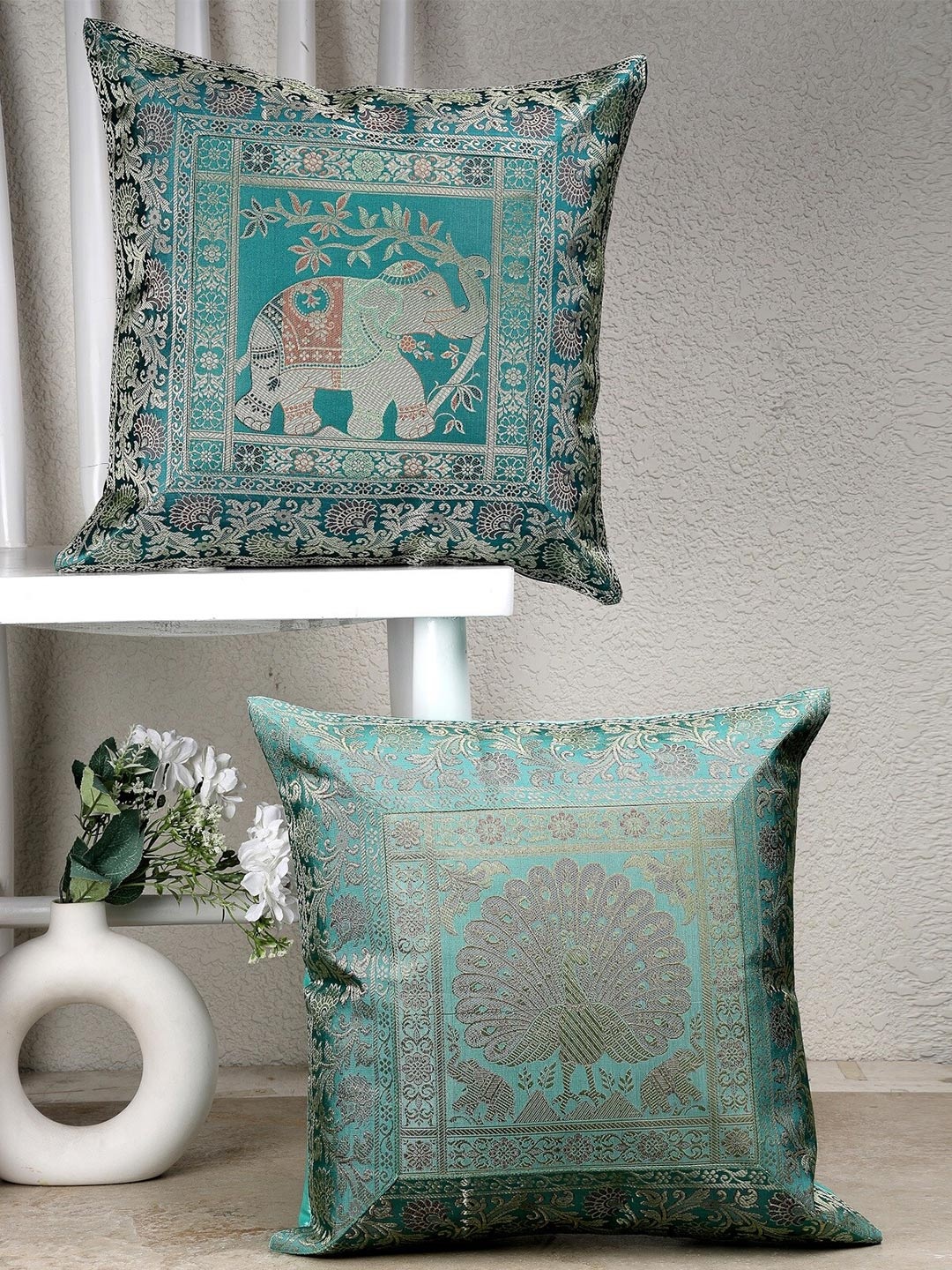 

Dhrohar Green 2 Pieces Ethnic Motifs Brocade Square Shaped Cushion Covers