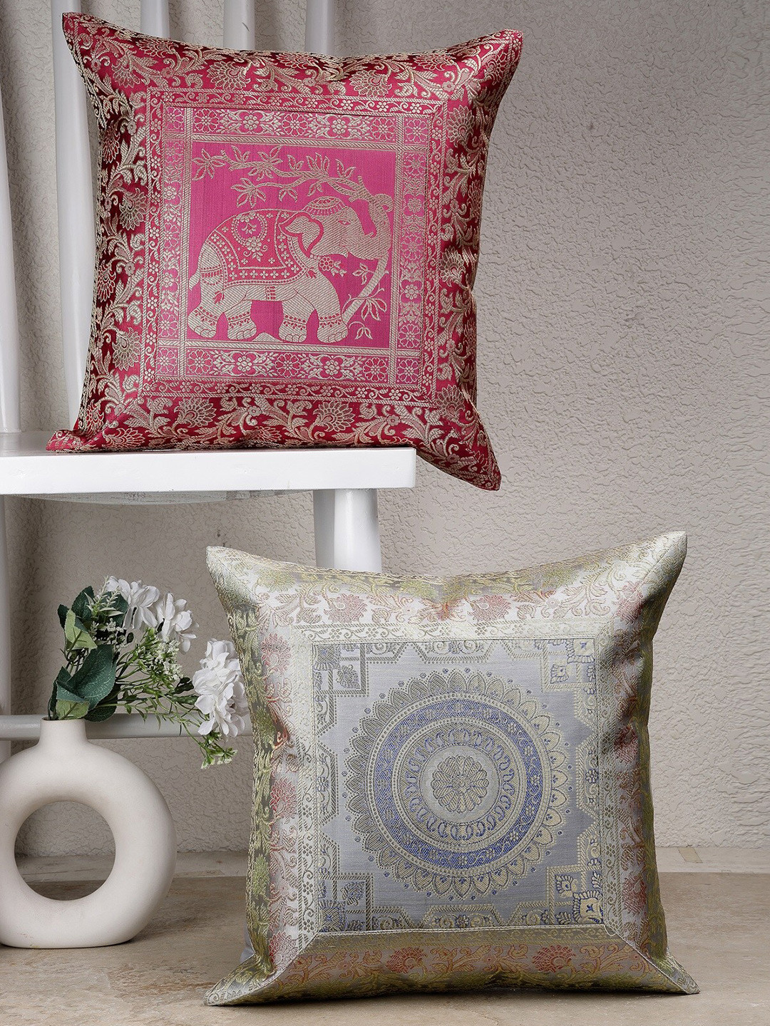 

Dhrohar Pink & Silver Toned 2 Pieces Ethnic Motifs Brocade Square Shaped Cushion Covers