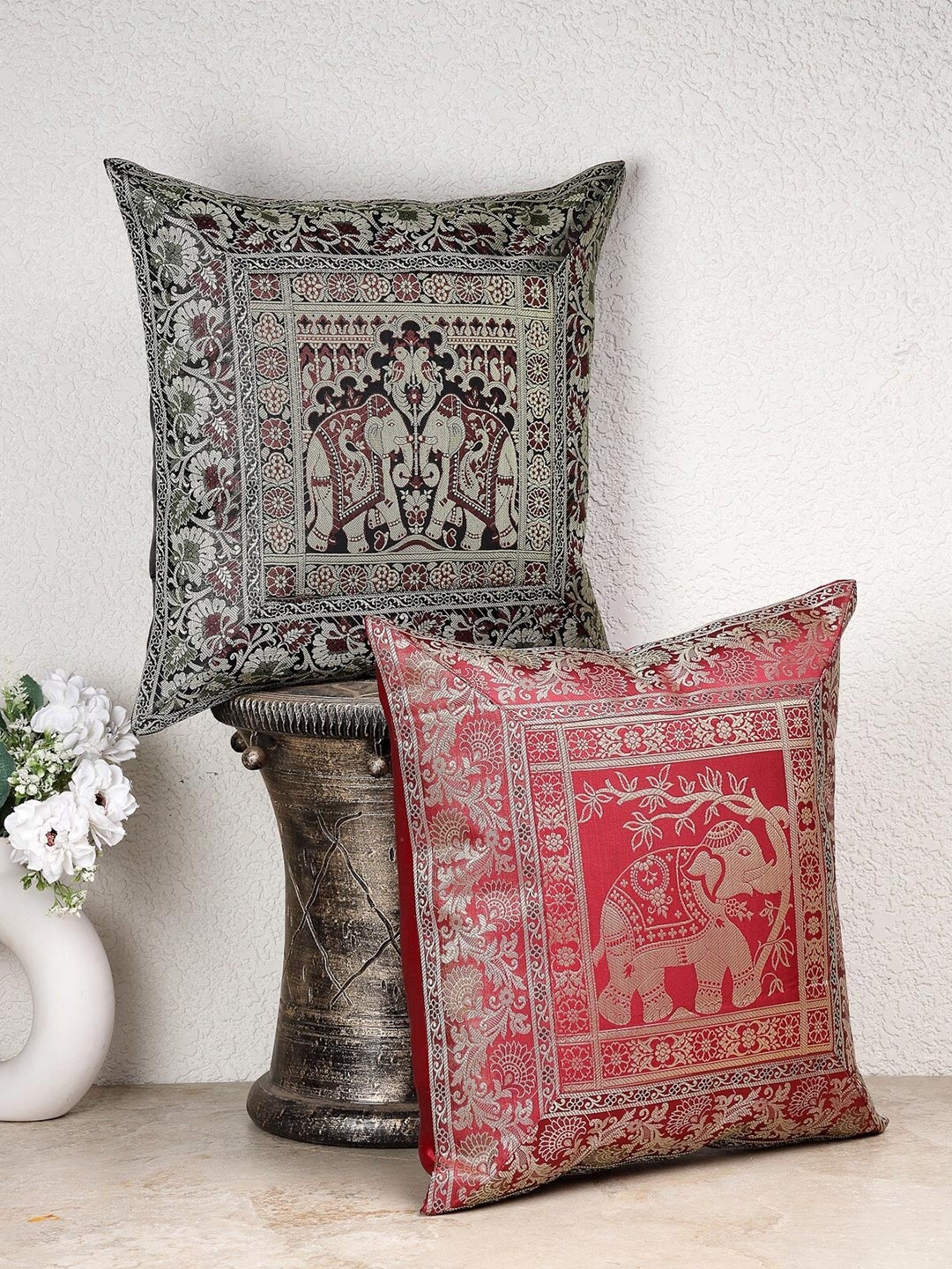 

Dhrohar Green & Red 2 Pieces Ethnic Motifs Brocade Square Shaped Cushion Covers