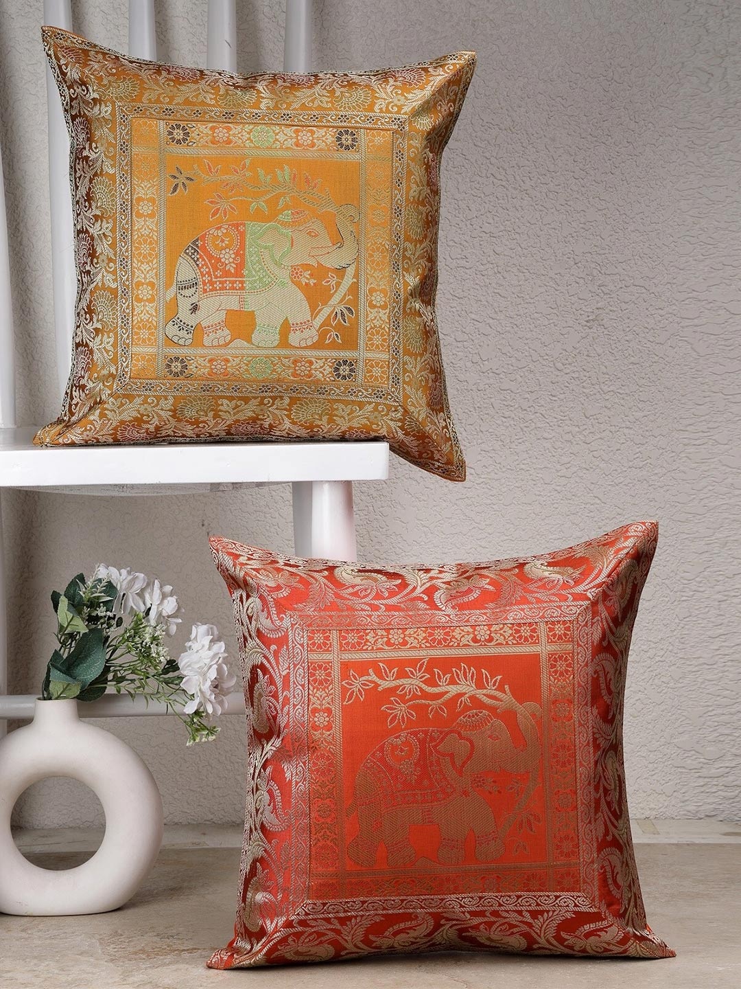 

Dhrohar Yellow & Orange 2 Pieces Ethnic Motifs Brocade Square Shaped Cushion Covers