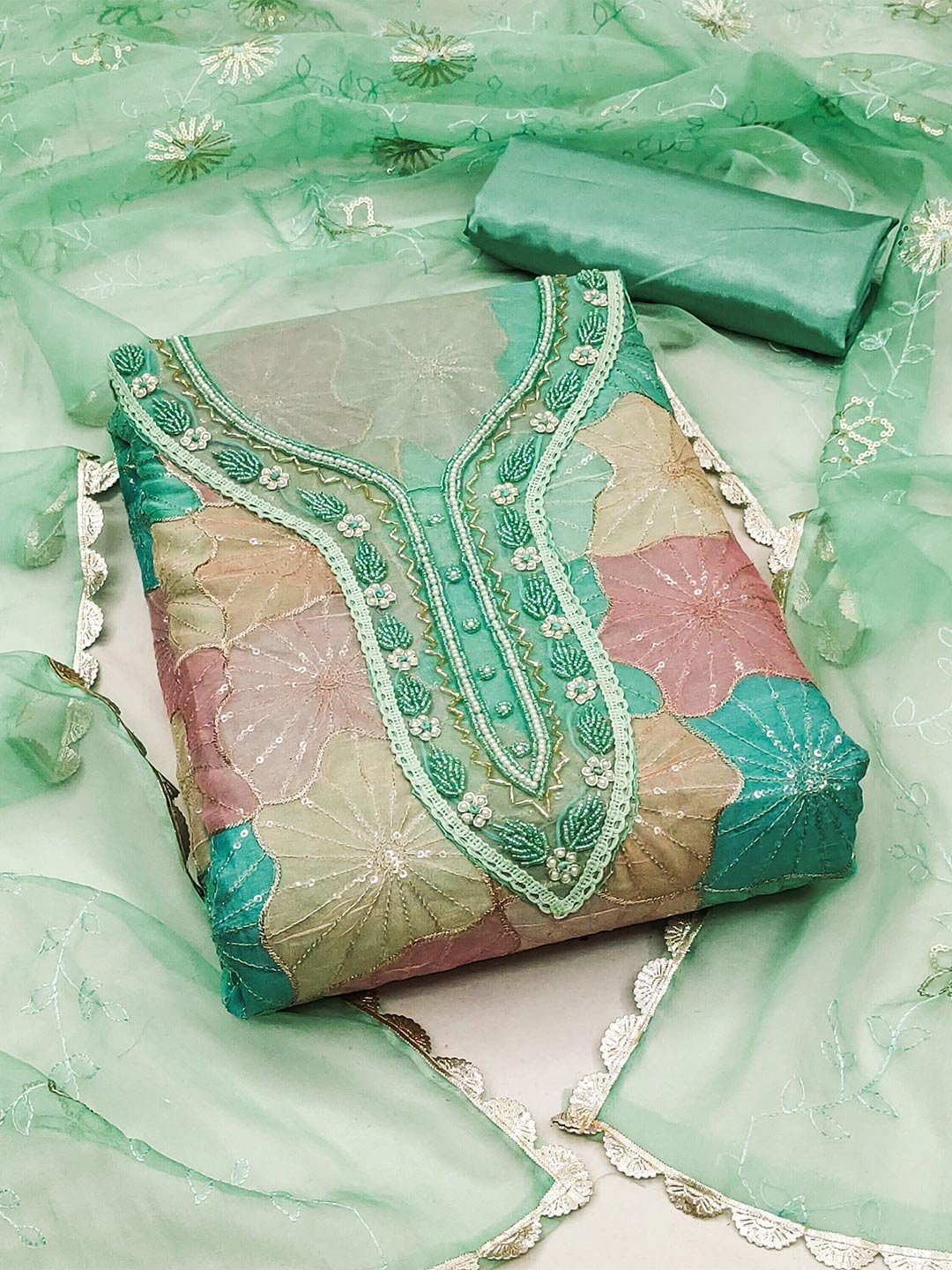 

KALINI Embellished Organza Unstitched Dress Material, Sea green