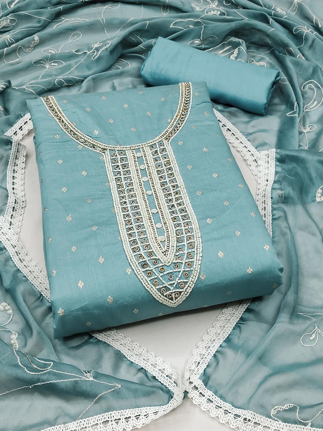 

KALINI Ethnic Motifs Woven Design Beads and Stones Embellished Unstitched Dress Material, Turquoise blue