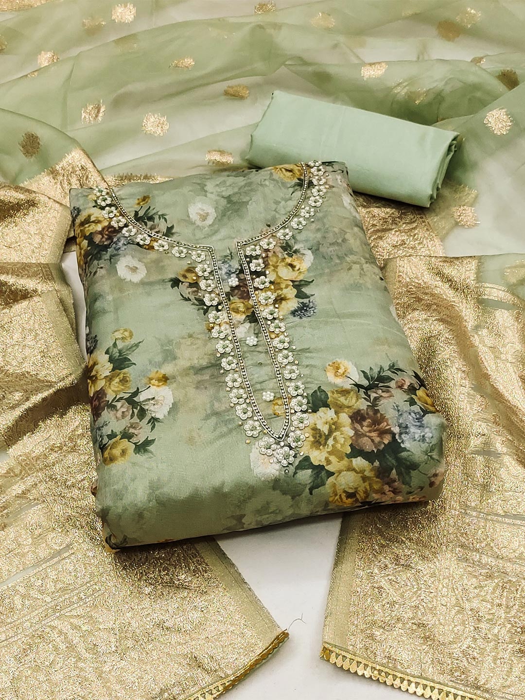

KALINI Floral Printed Organza Unstitched Dress Material, Green