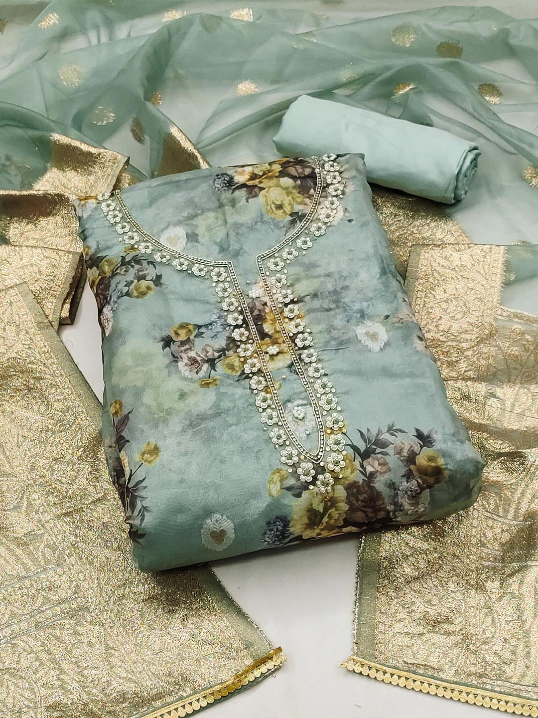 

KALINI Floral Printed Organza Unstitched Dress Material, Turquoise blue