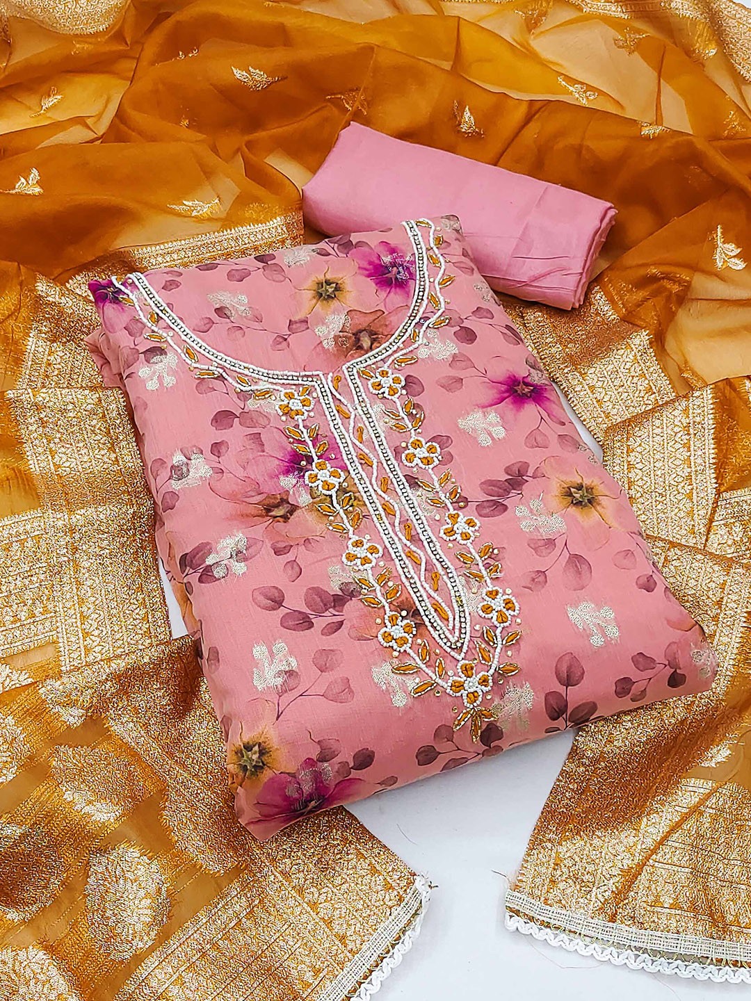 

KALINI Floral Printed Organza Unstitched Dress Material, Pink