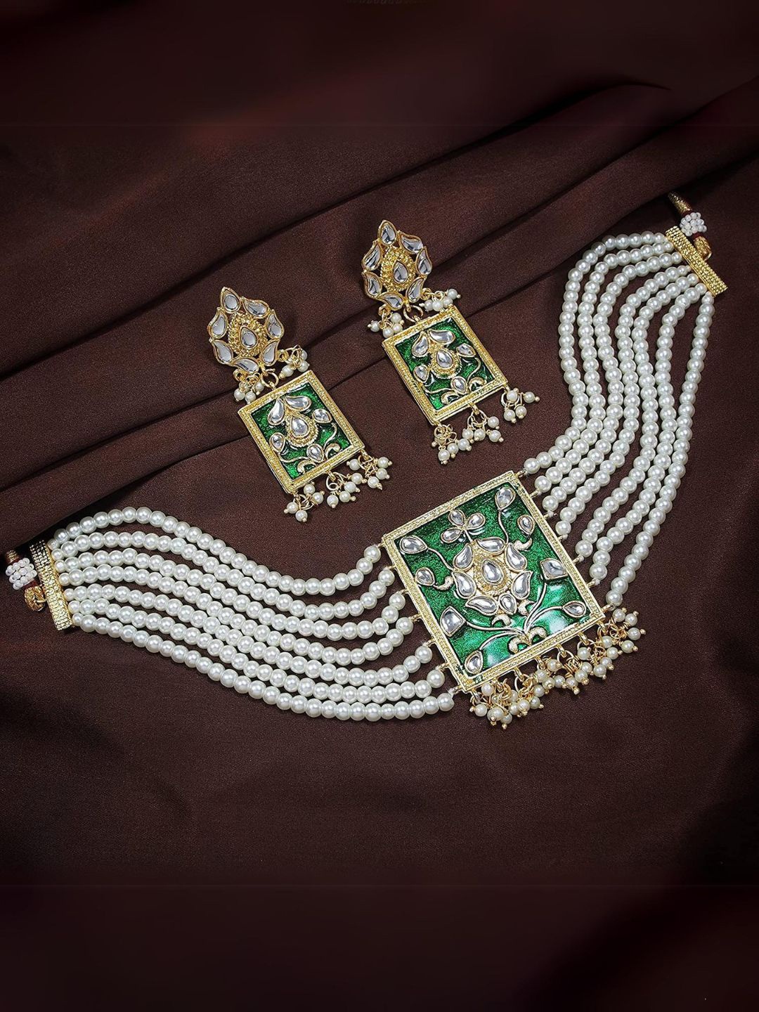 

I Jewels Gold Plated Pearl & Kundan Jewellery Set, Green