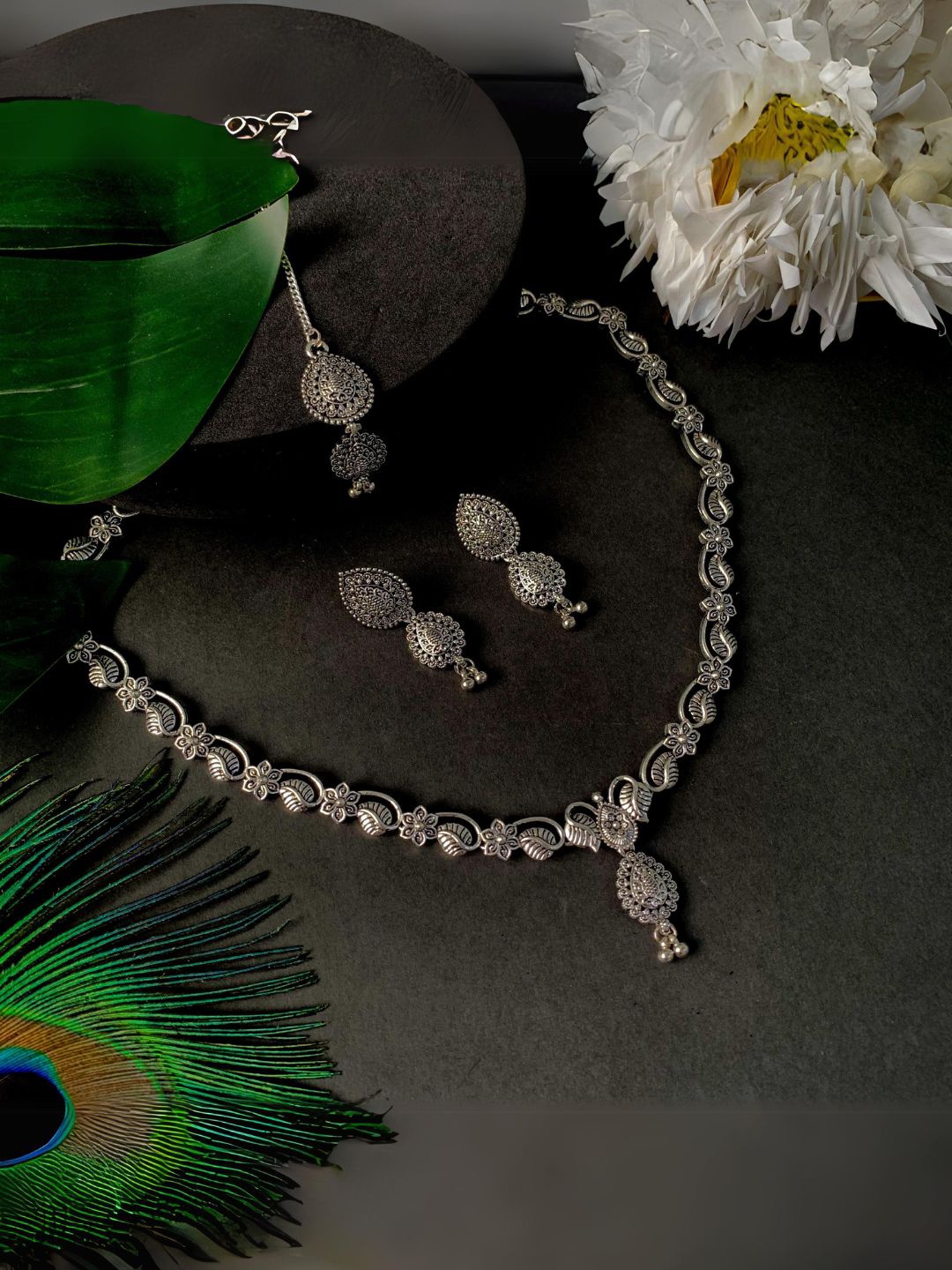 

I Jewels Sliver-Plated Floral Design Oxidised Jewellery Set, Silver