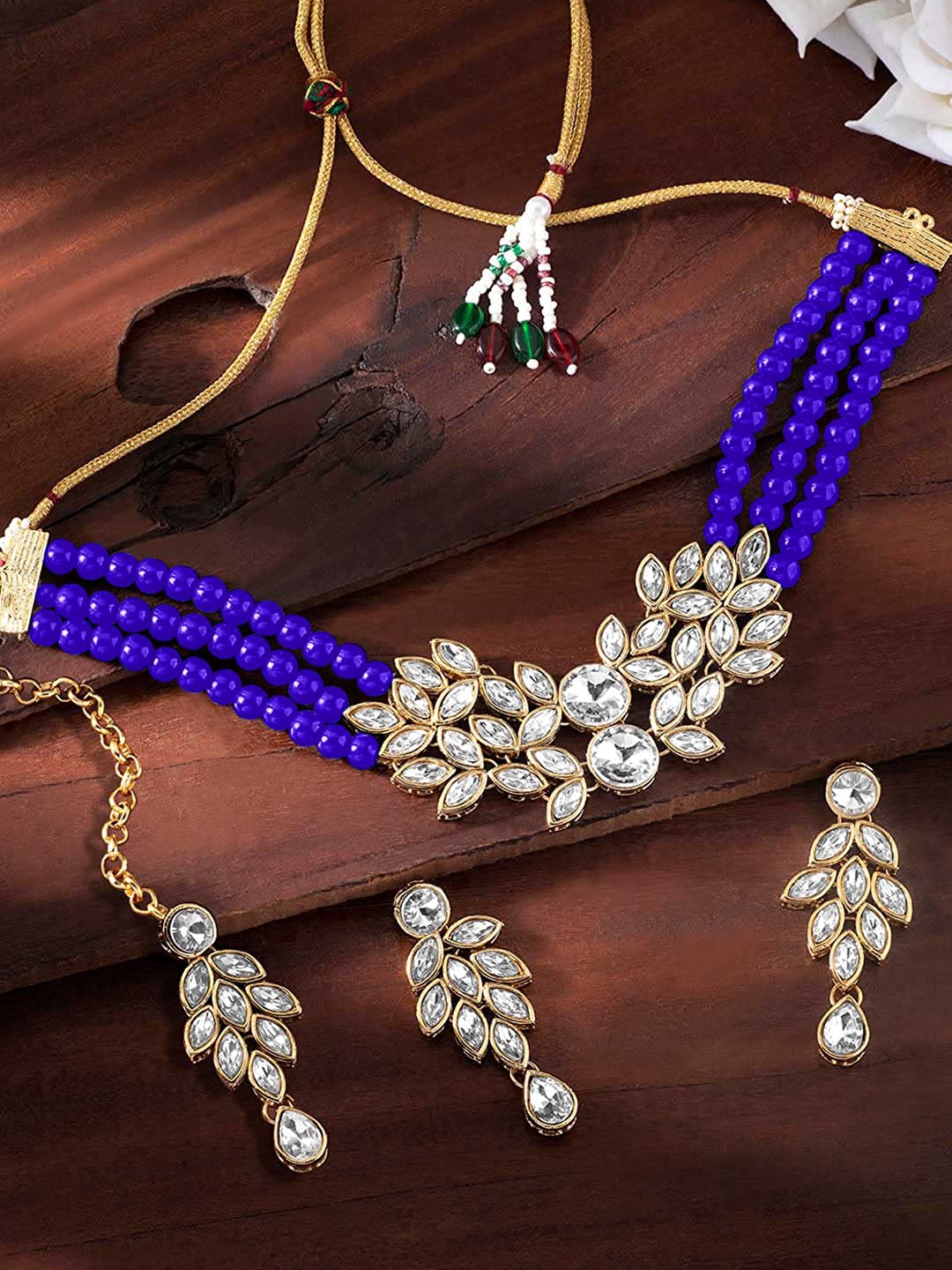 

I Jewels Gold-Plated Kundan-Studded Beaded Jewellery Set