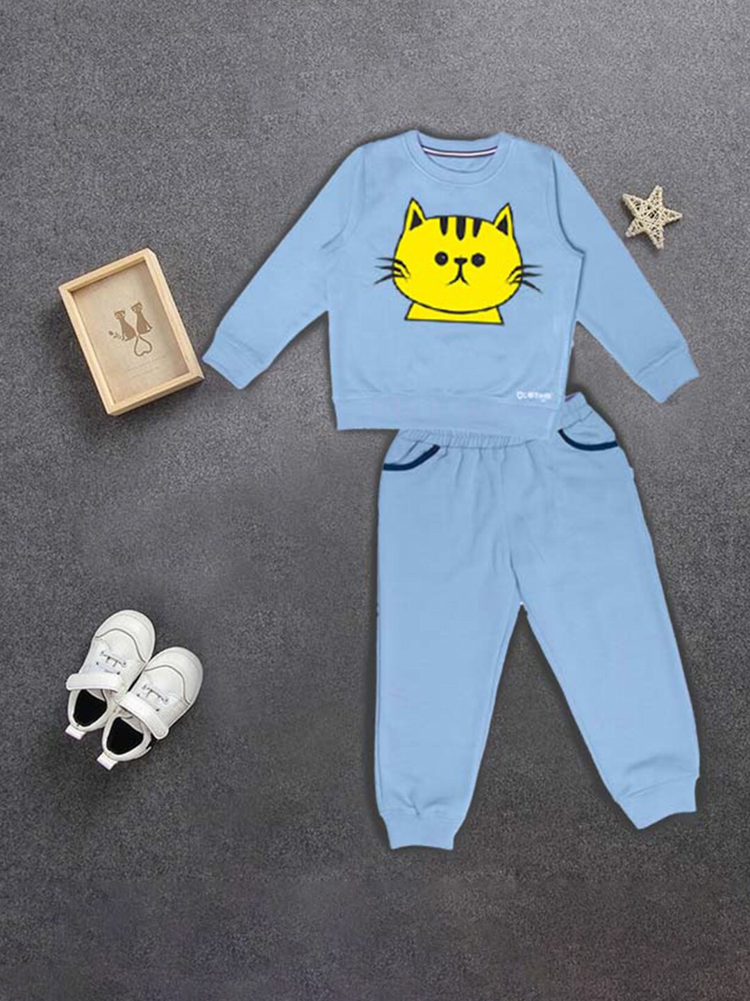 

BAESD Kids Cat Printed Round Neck Pullover With Joggers, Blue