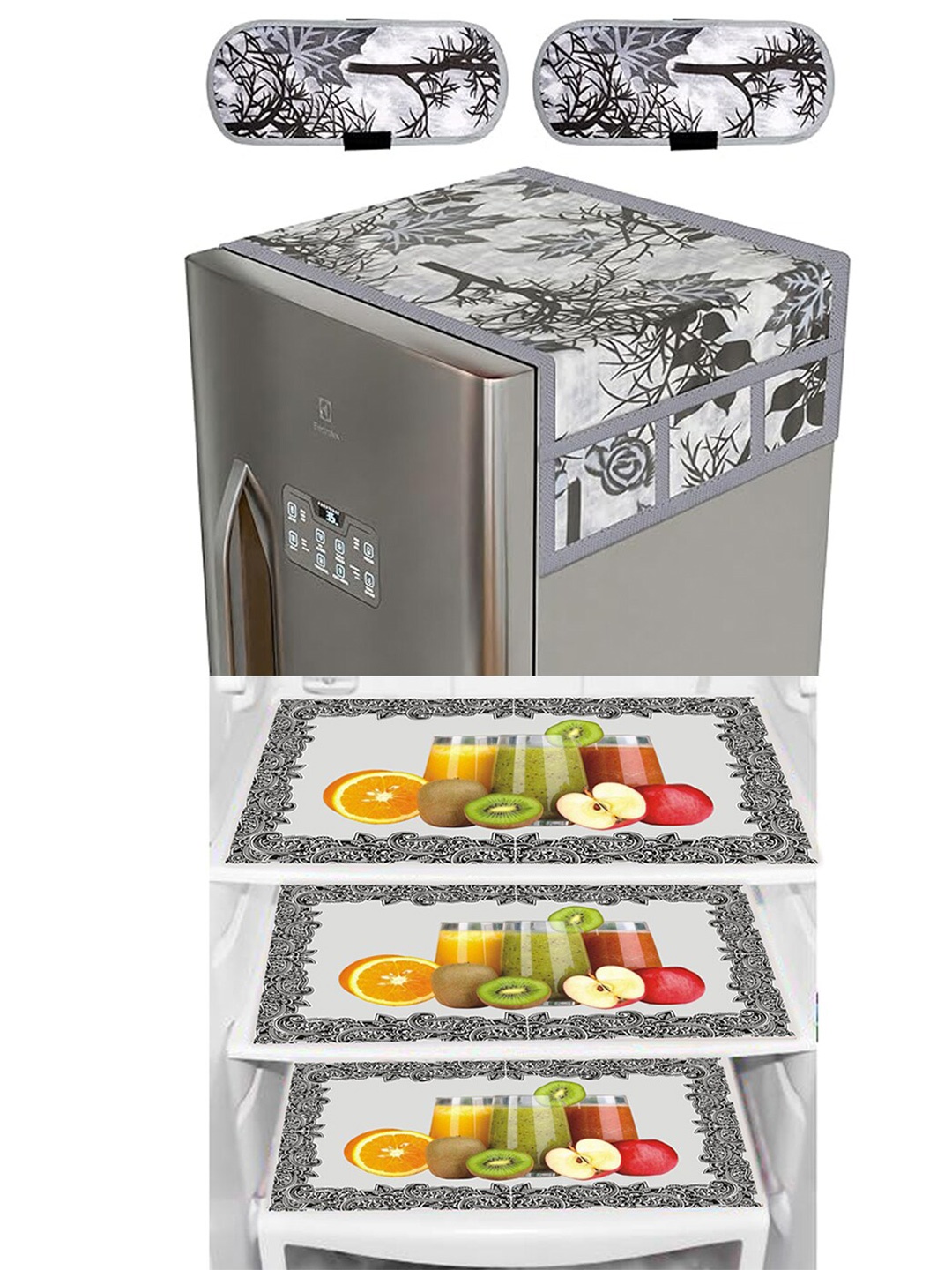 

Dakshya Industries Black & White 6 Pieces Printed Fridge Top Cover, Handle Covers & Mats, Green