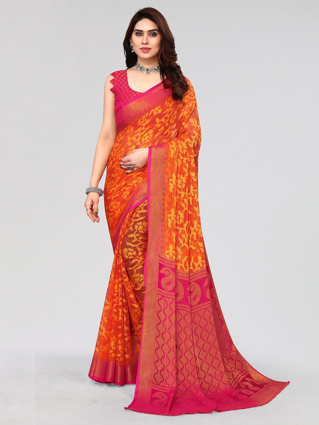 

Vivostav Designer Floral Pure Chiffon Banarasi Saree, Orange