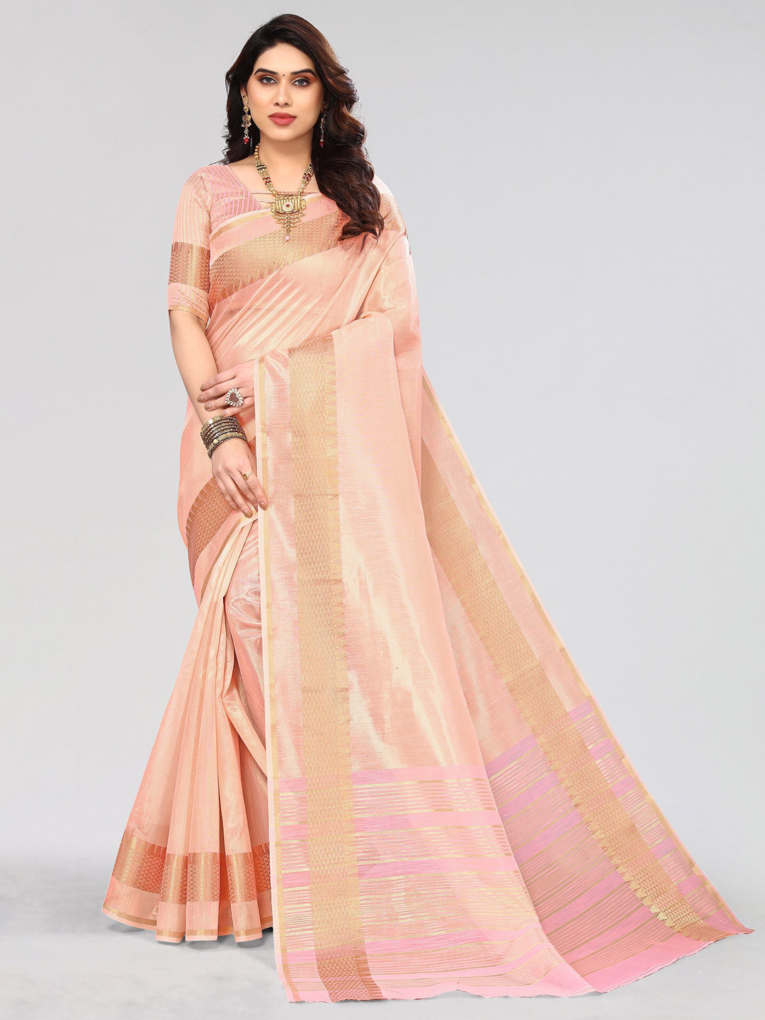 

Vivostav Designer Zari Silk Blend Banarasi Saree, Pink