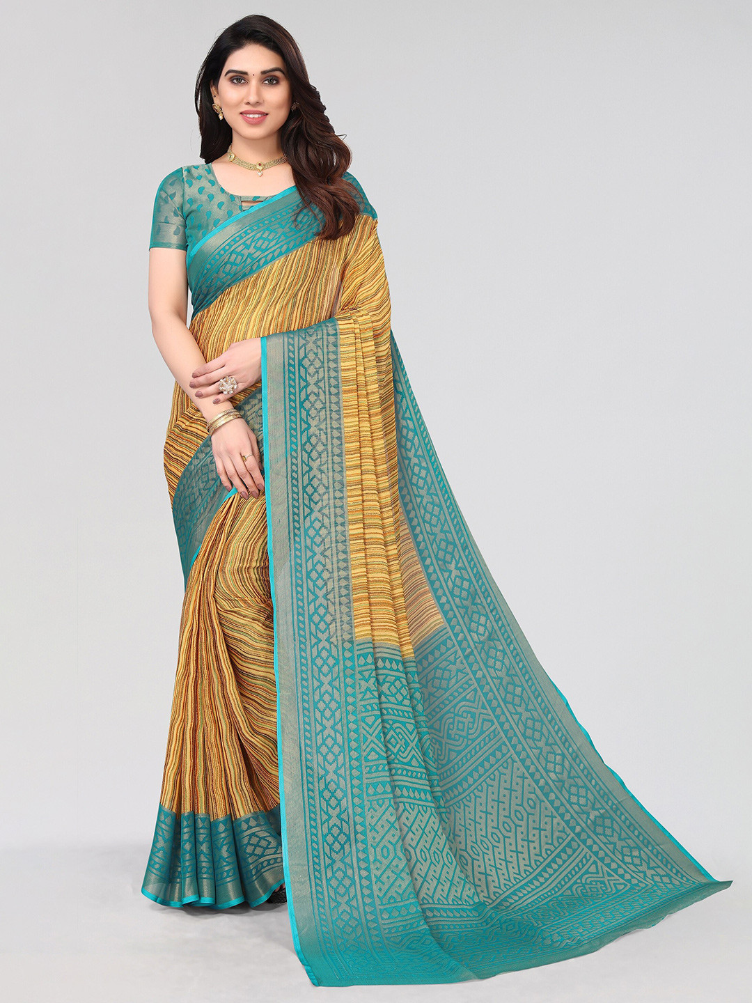 

Vivostav Designer Striped Pure Chiffon Saree, Teal