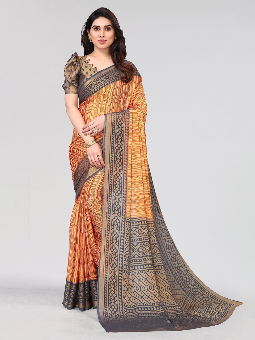 

Vivostav Designer Striped Pure Chiffon Saree, Grey