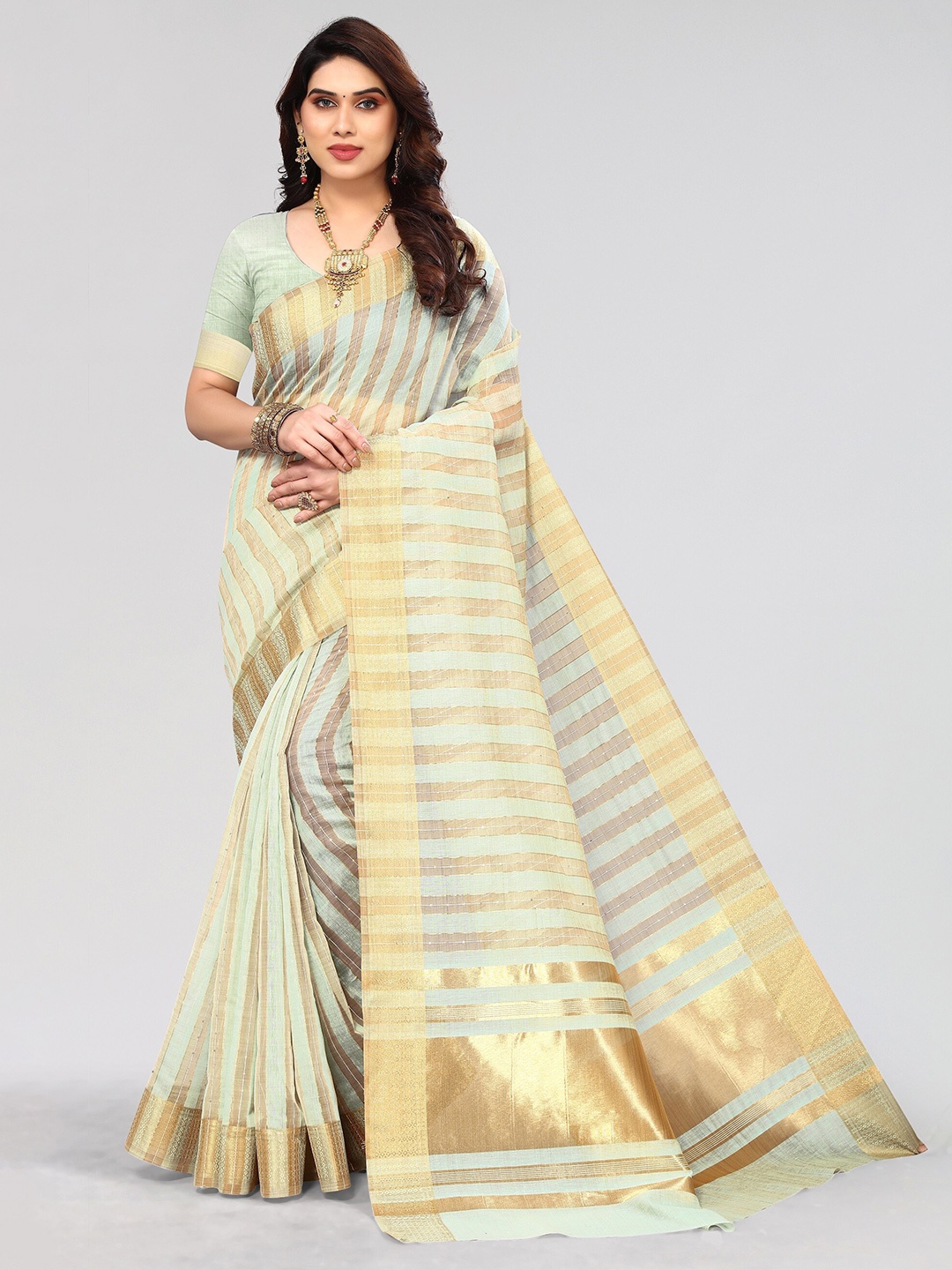 

Vivostav Designer Striped Zari Silk Blend Banarasi Saree, Sea green