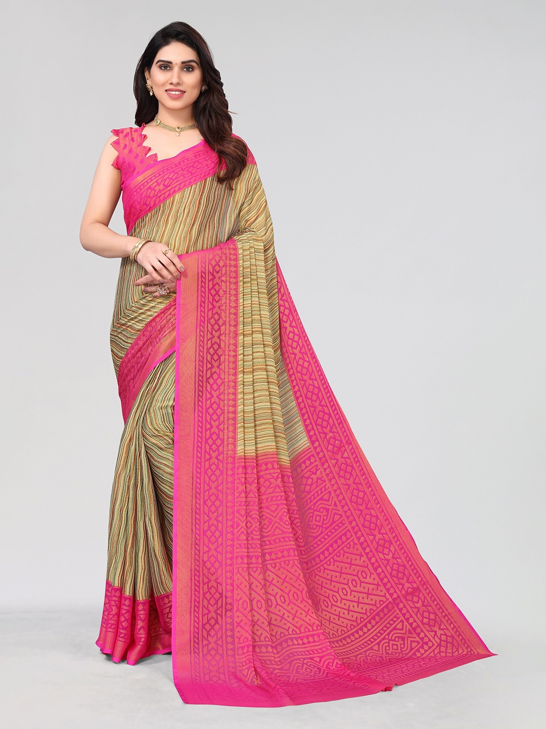 

Vivostav Designer Striped Pure Chiffon Saree, Pink