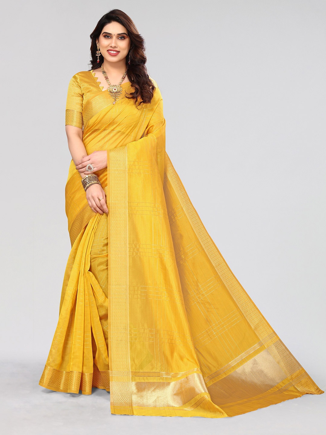 

Vivostav Designer Checked Zari Silk Blend Banarasi Saree, Mustard